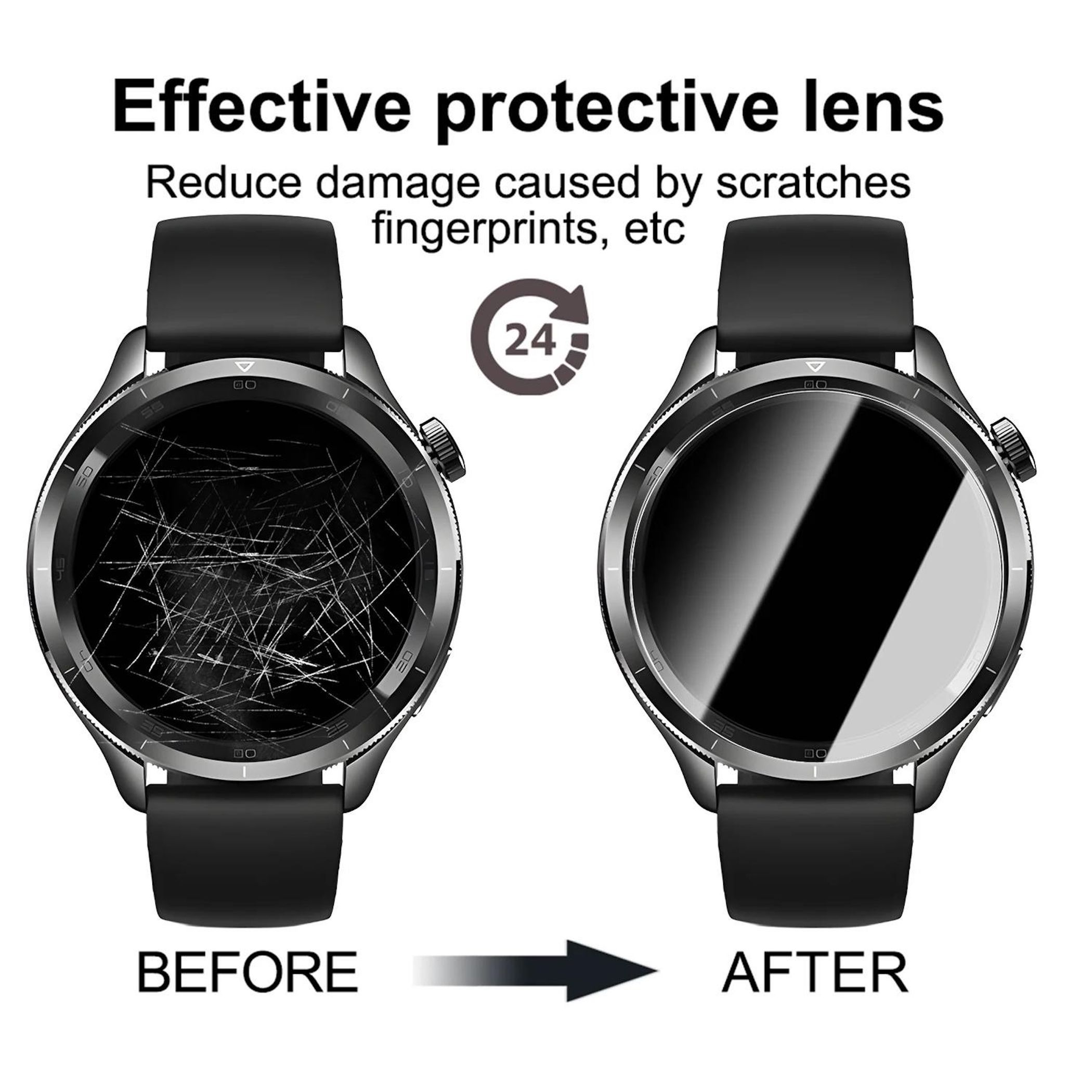 Vorher/Nachher Vergleich: zerkratztes vs. intaktes Smartwatch-Display.