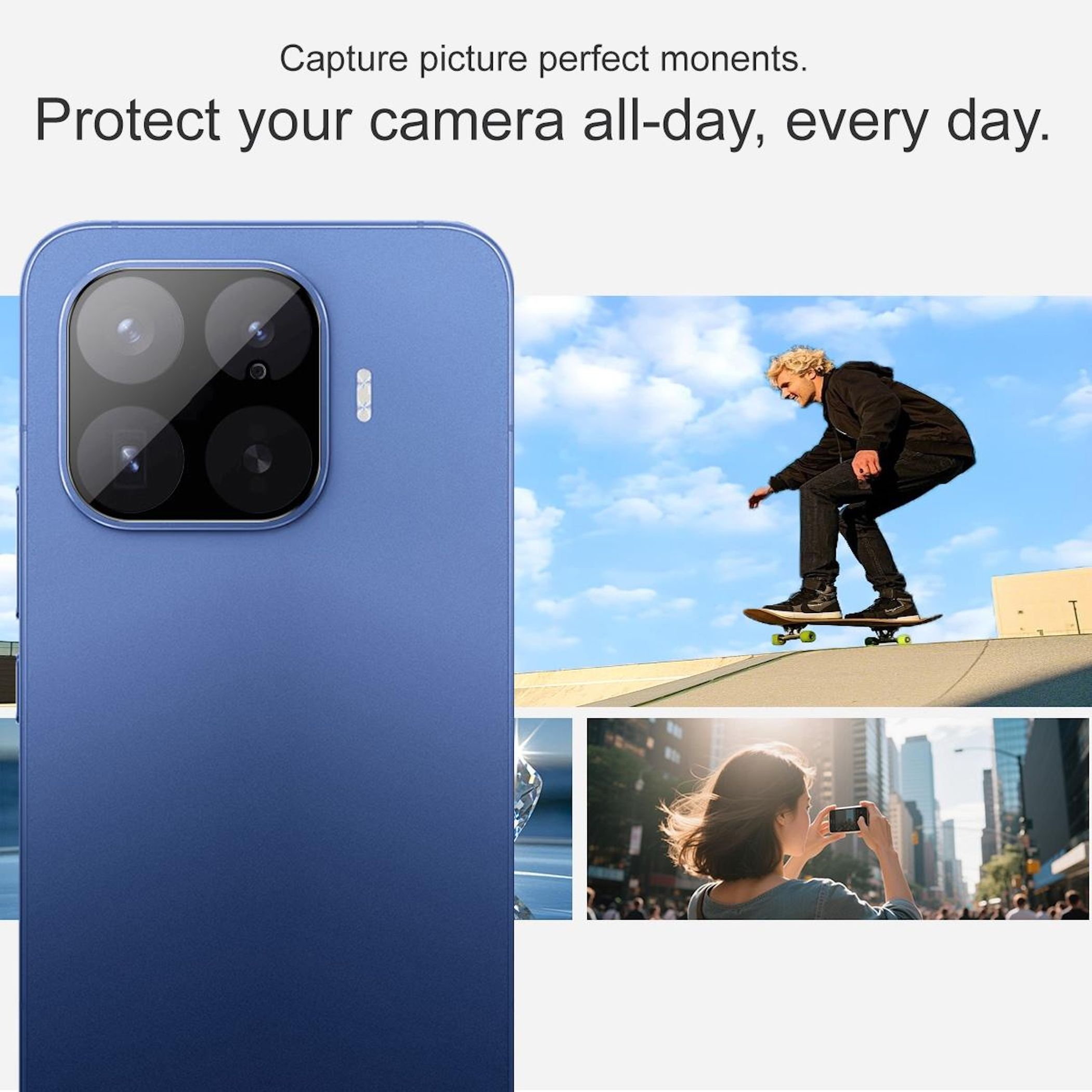 Blauer Handy-Rücken mit Kamera, Skateboarder und Frau fotografiert.