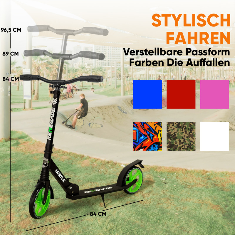 Schwarzer Roller mit grünen Rädern in einem Skatepark. Farboptionen werden angezeigt.