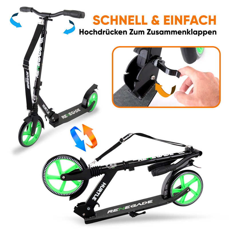 Ein schwarzer Roller mit grünen Rädern, zusammenklappbar, mit Anweisungen.