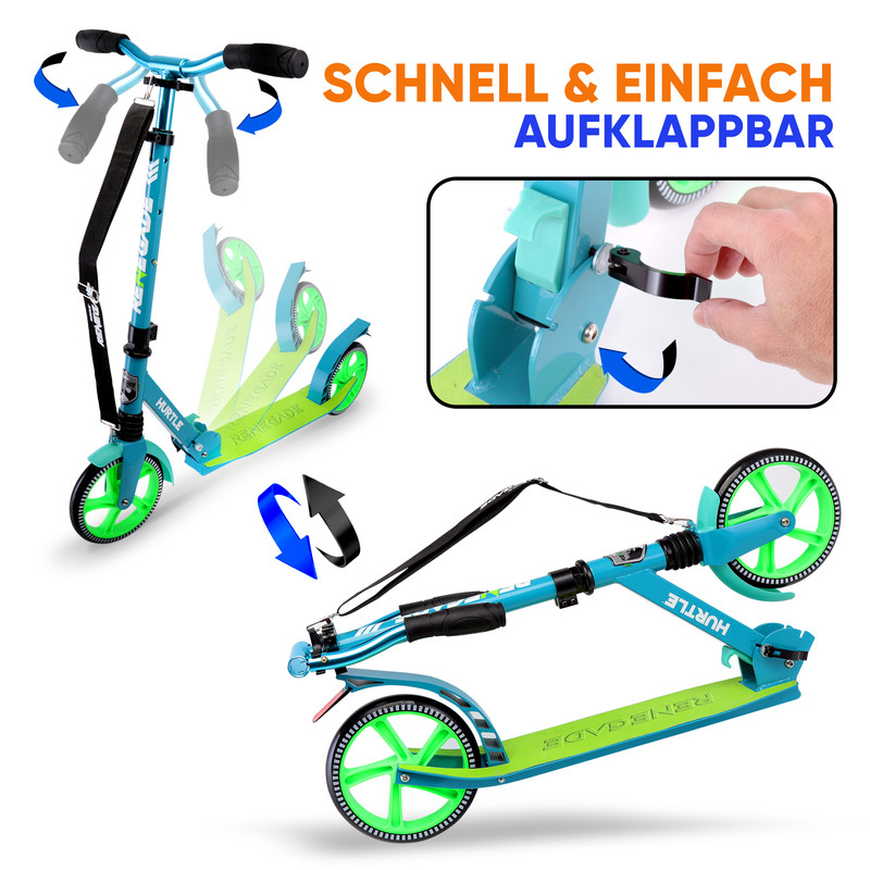 Blauer Roller mit grünen Rädern, der zusammenklappbar ist. Zeigt Aufklappmechanismus.