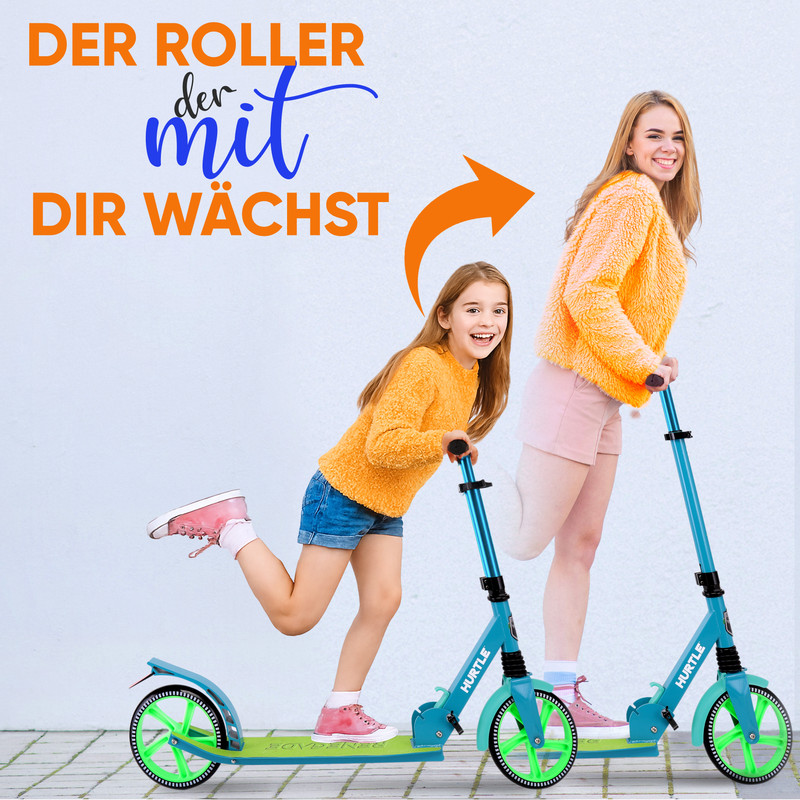 Mutter und Tochter fahren Roller. Ein Pfeil zeigt Wachstum an.