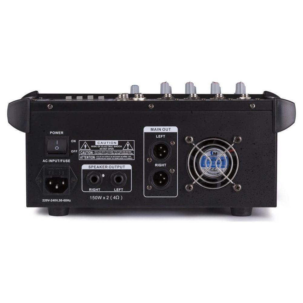 Vista trasera de un amplificador mezclador negro con puertos, interruptores y ventilador.