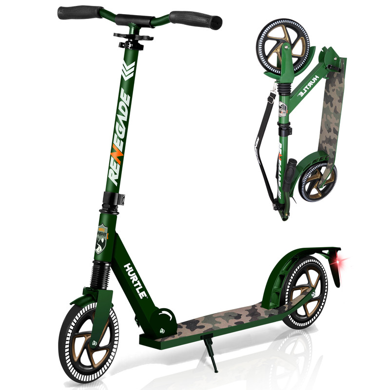 Grüner Klapproller mit Tarnmuster-Deck und goldenen Rädern. Einer aufrecht, einer gefaltet.