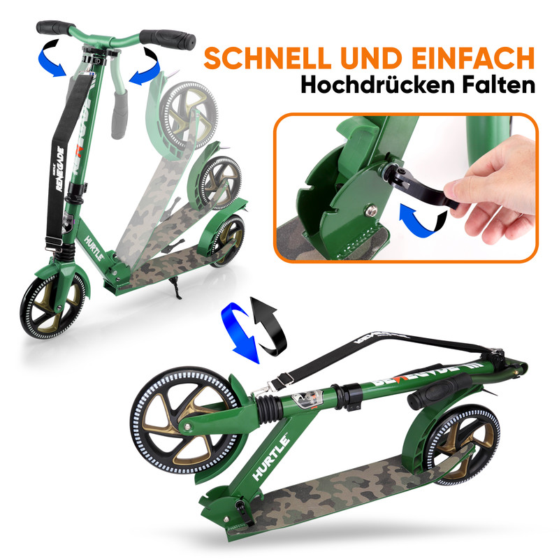 Grüner Roller mit Tarnmuster, zusammenklappbar, mit Pfeilen.