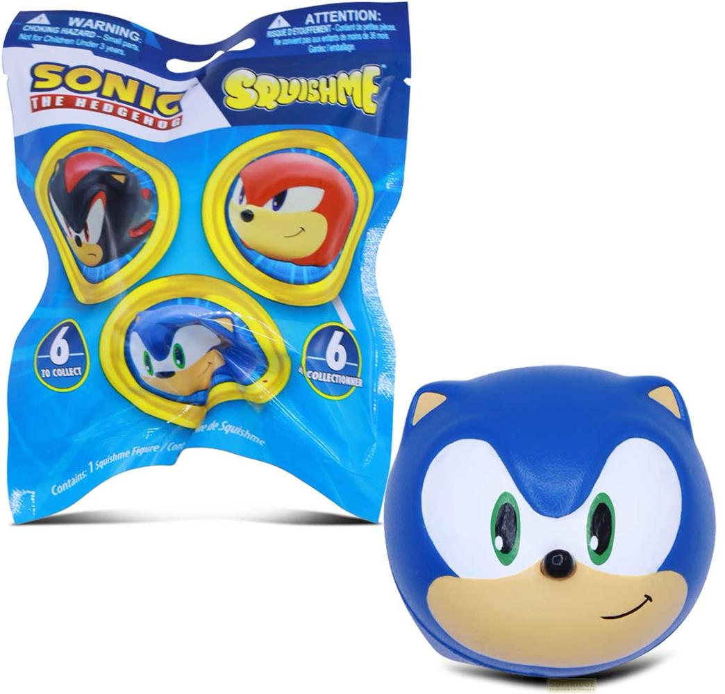 Emballage de jouet Squishme Sonic the Hedgehog et une balle molle visage Sonic.