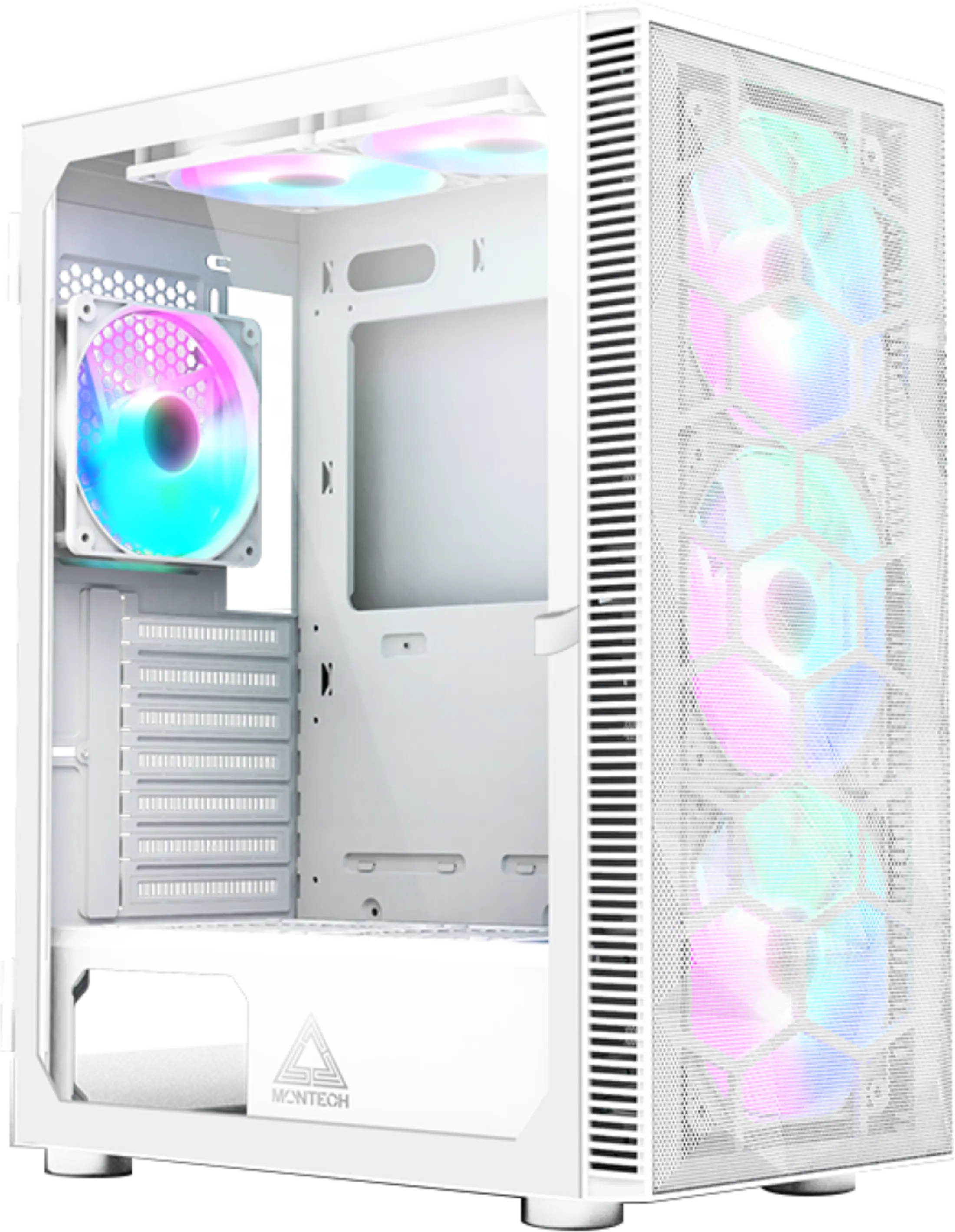 Een witte computerkast met kleurrijke RGB-ventilatoren.