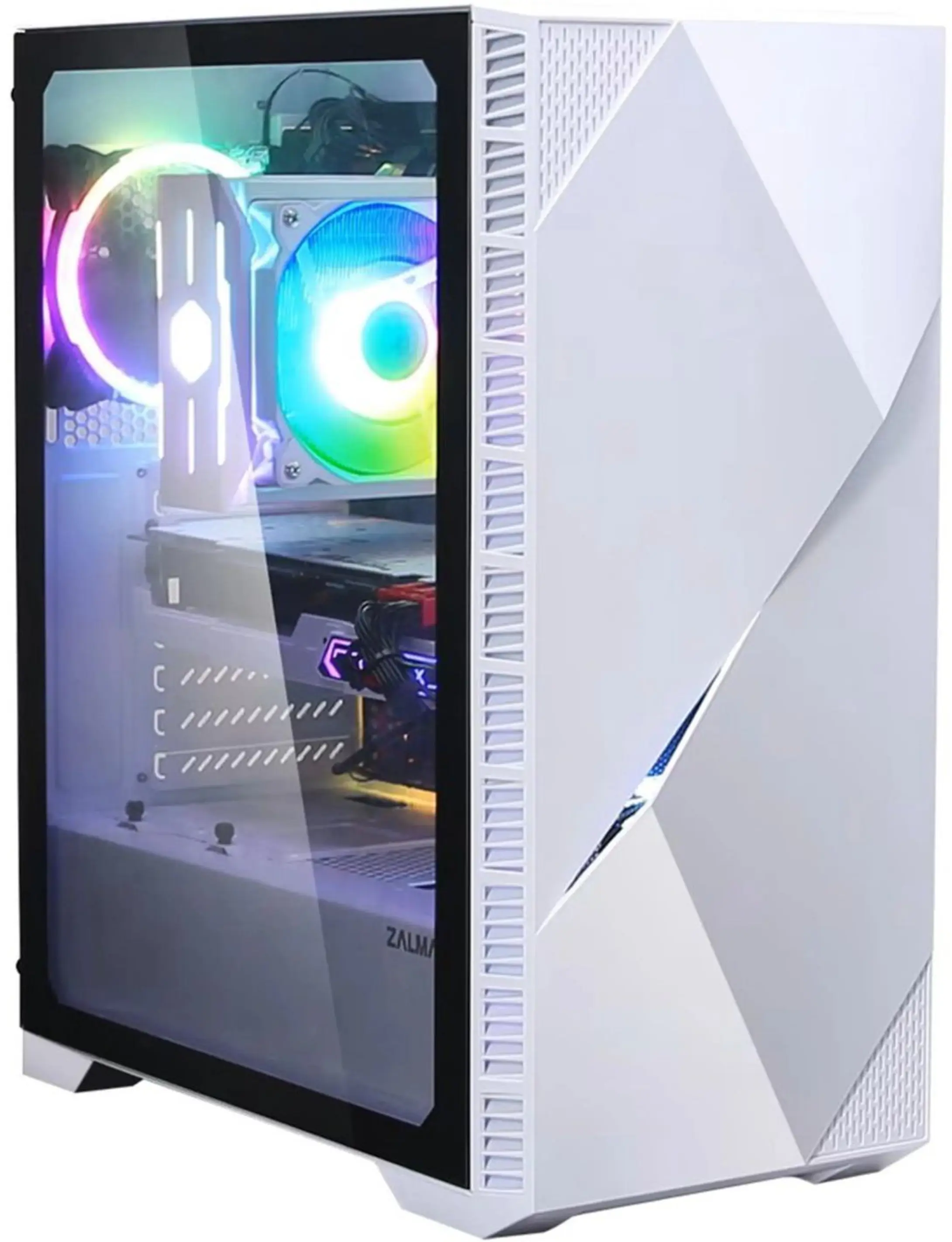 Een witte pc-behuizing met transparant zijpaneel en RGB-ventilatoren.