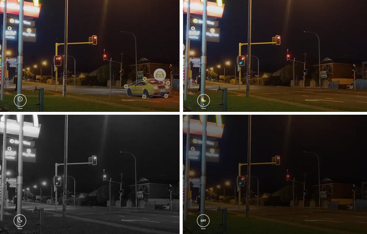 Vier Nachtaufnahmen einer Straßenkreuzung mit Ampeln und einem gelben Auto.