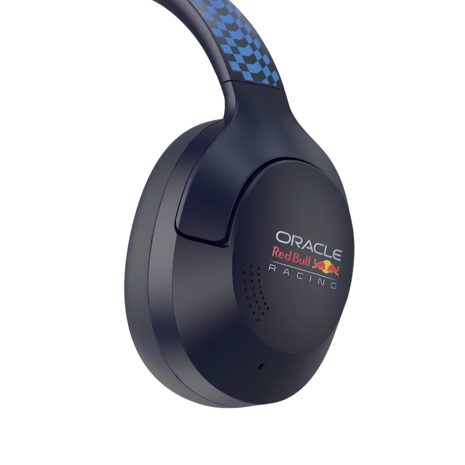 Cuffie blu scuro con logo Oracle Red Bull Racing e archetto a scacchi.