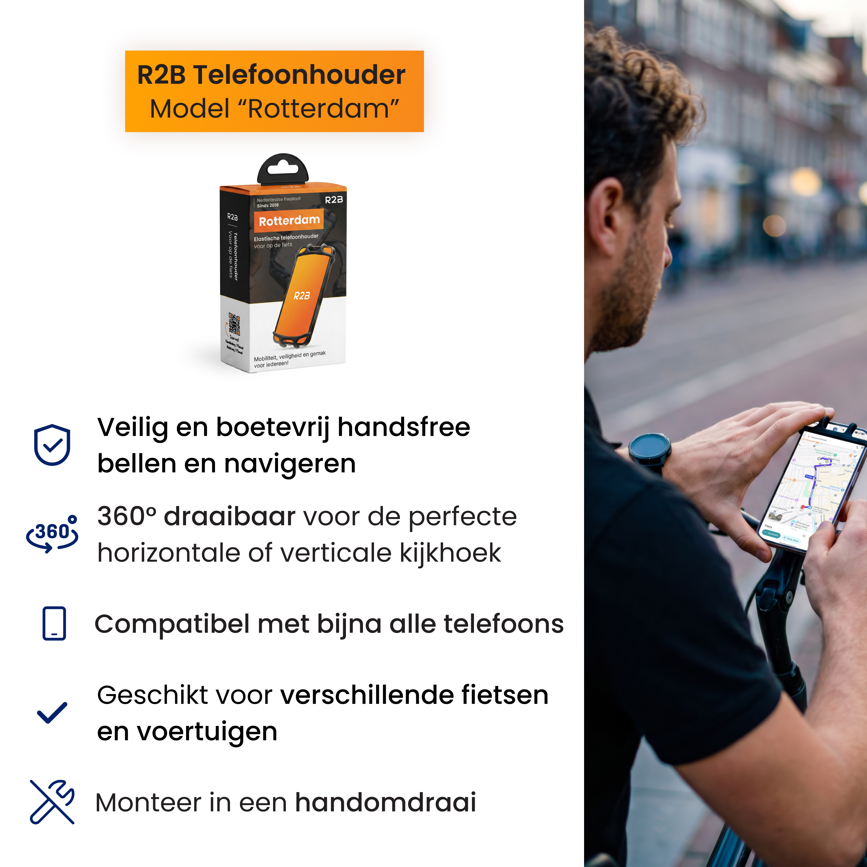 Produktbild: R2B Rotterdam Handyhalterung für Fahrräder. Mann benutzt Handy-Navigation.
