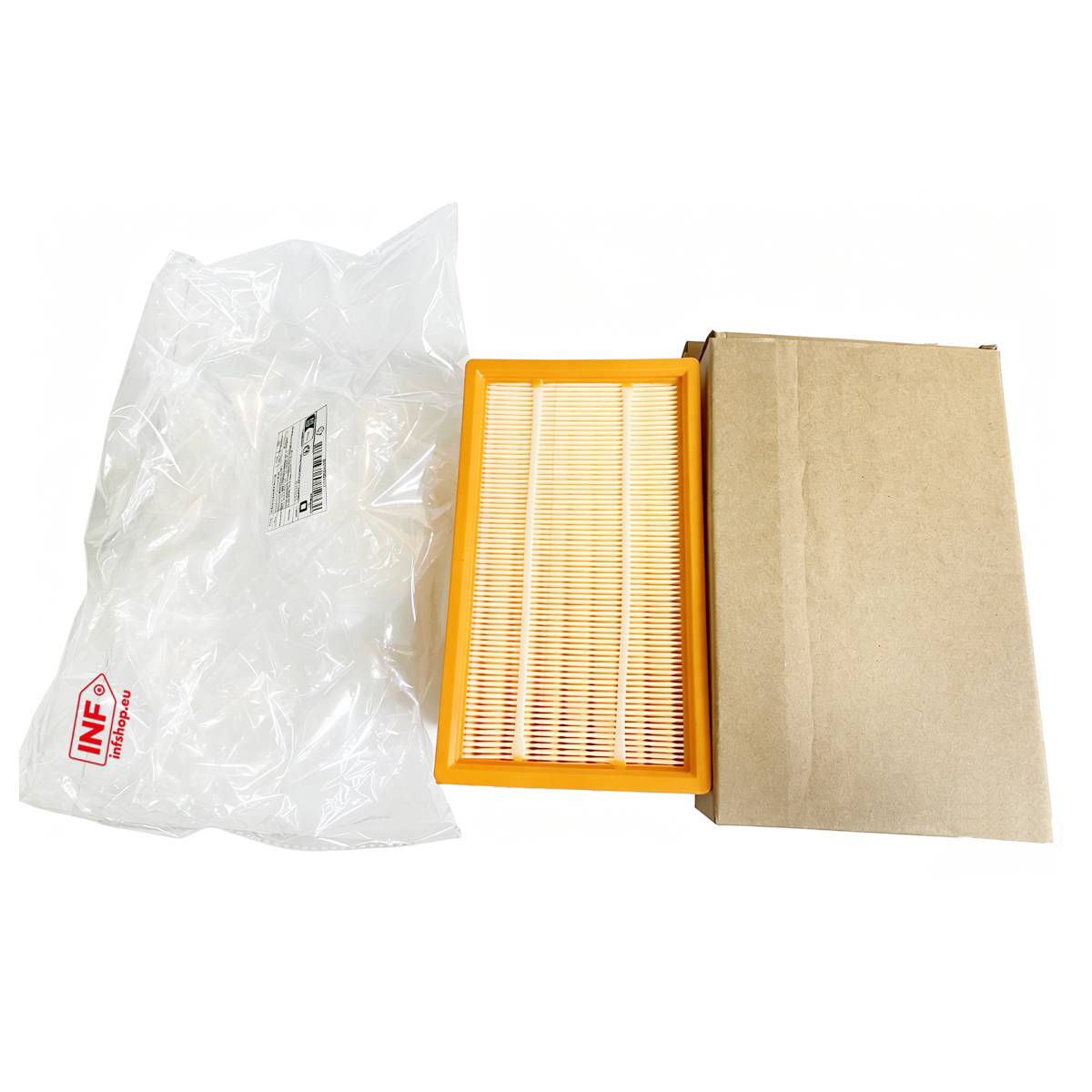 Ein Luftfilter mit orangefarbenem Rahmen liegt neben einer offenen Pappschachtel.