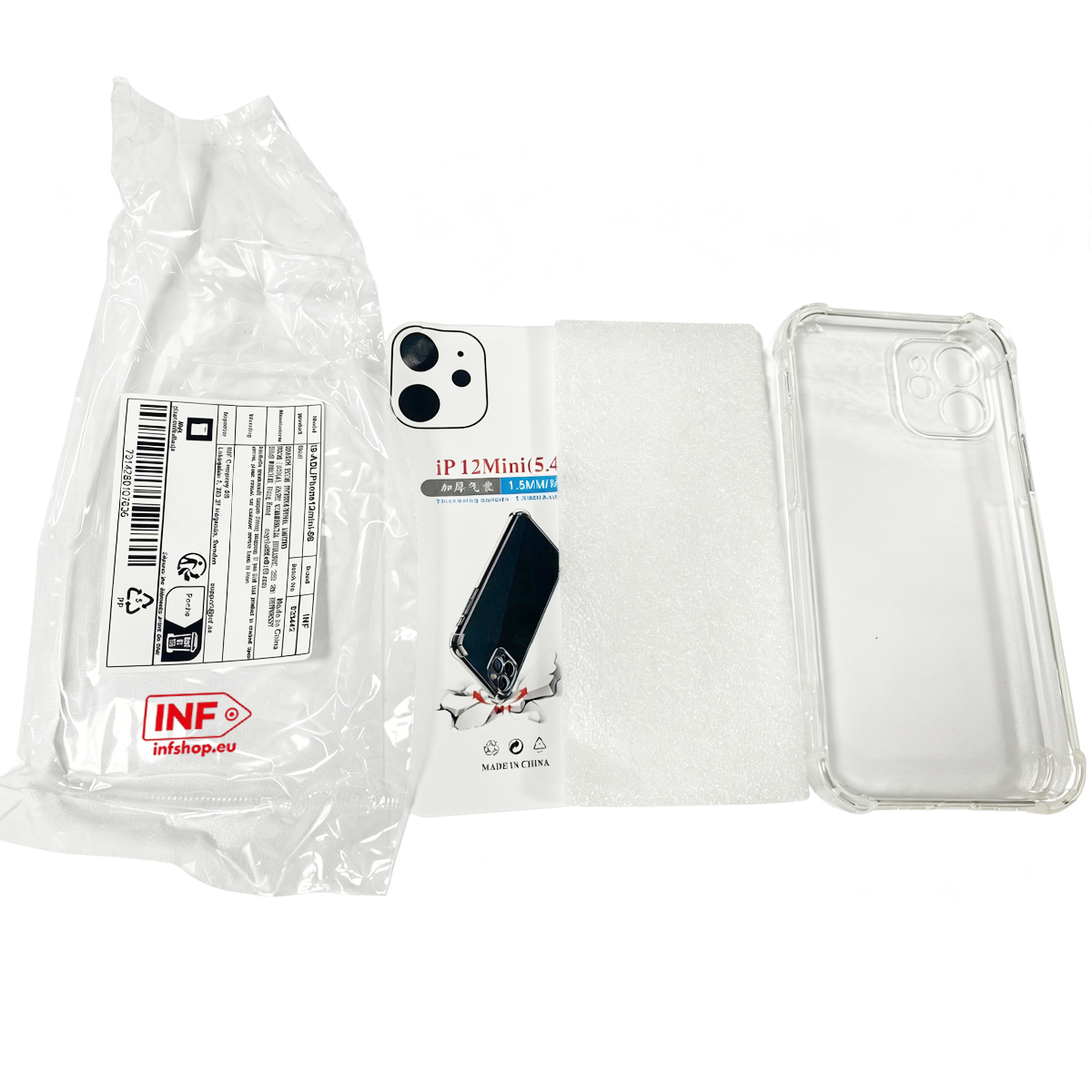 Klare iPhone 12 Mini Hülle, Schaumstoff, Verpackung auf weißem Grund.