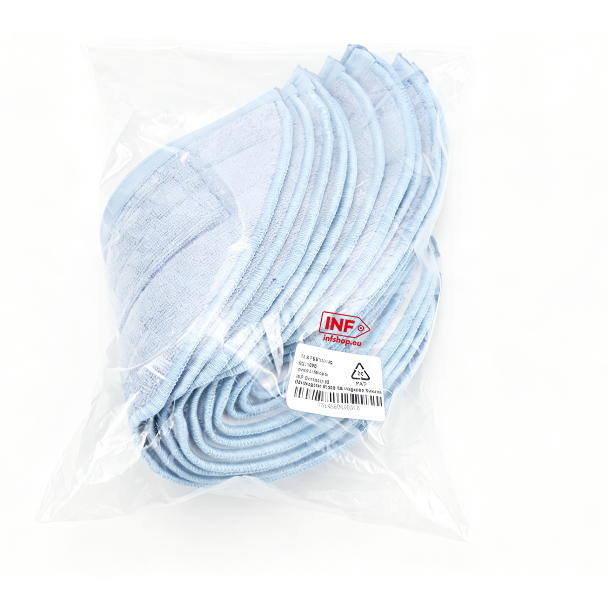Un pacco di panni rotondi in microfibra per mocio, azzurri.