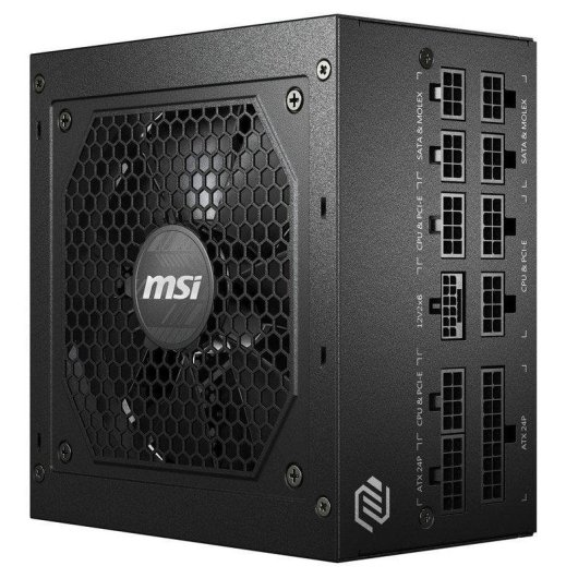 MSI logolu siyah güç kaynağı ve çoklu bağlantı noktaları.