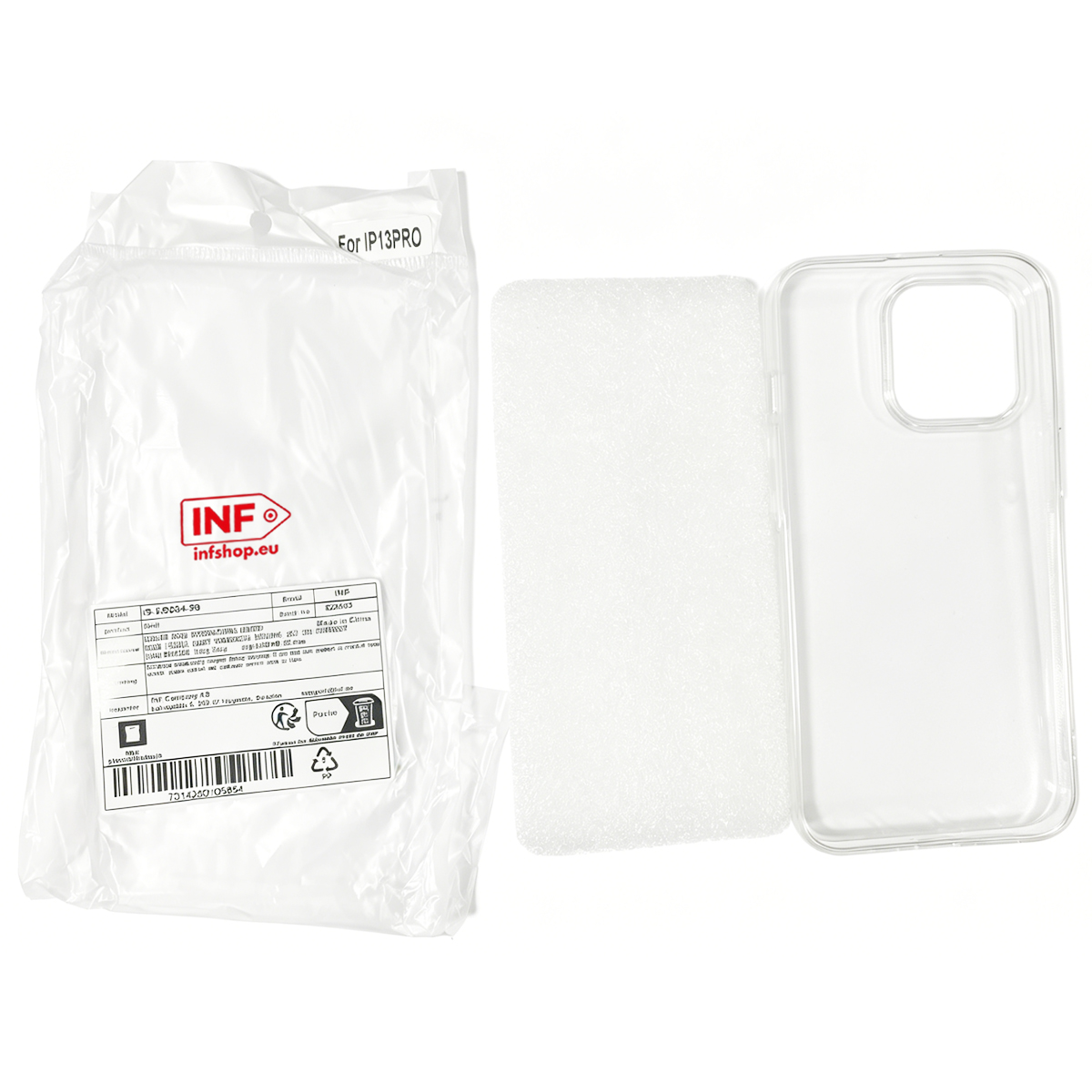 Transparente Handyhülle für iPhone 13 Pro, verpackt und einzeln.
