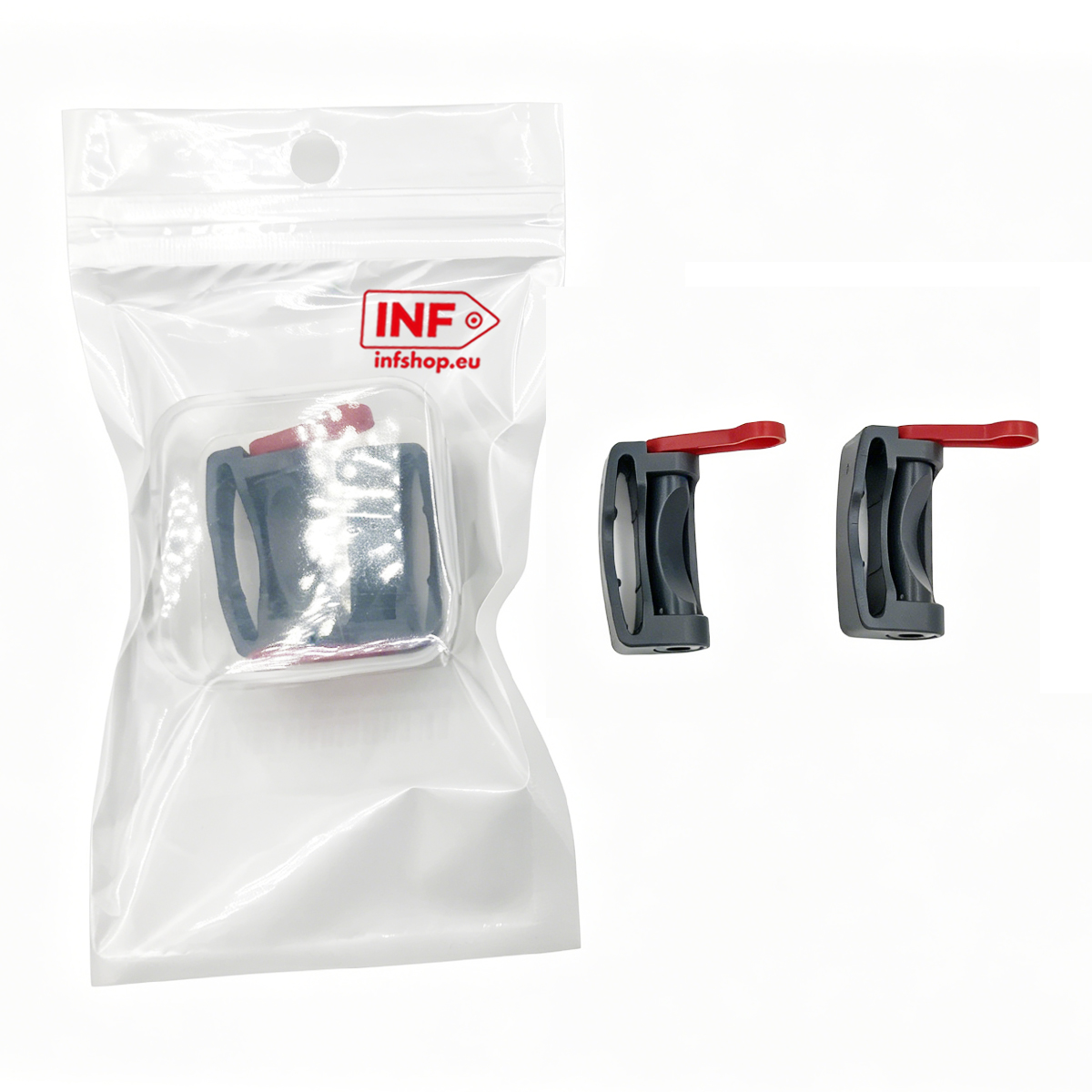 Dwa ciemne klipsy z czerwonymi dźwigniami, jeden w opakowaniu.
