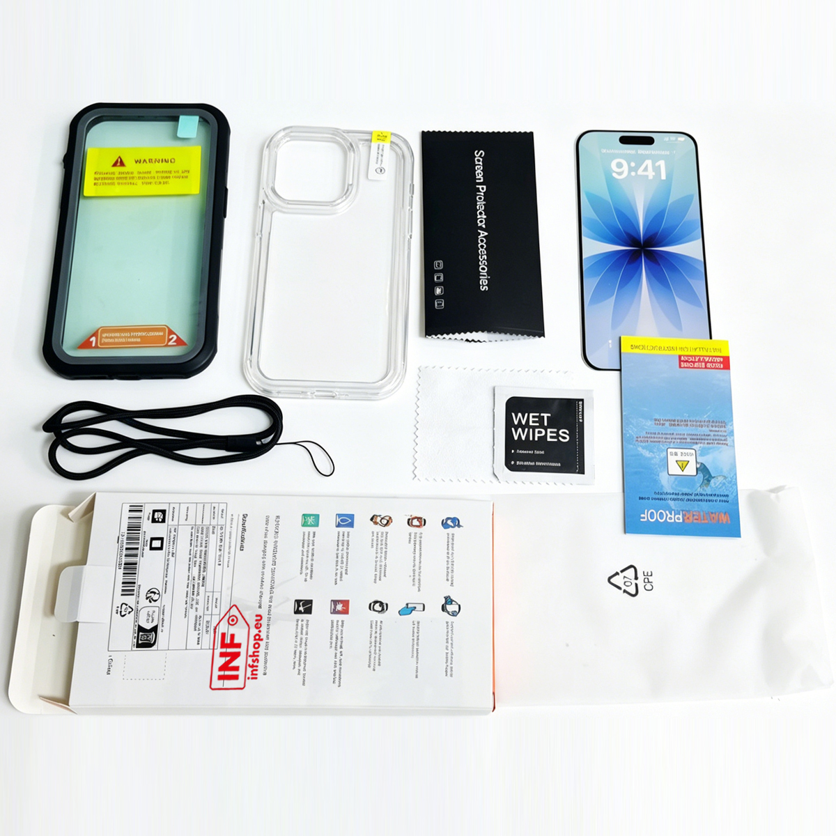 iPhone-Zubehör: Hülle, Displayschutzfolie, Reinigungstücher, Anleitung.