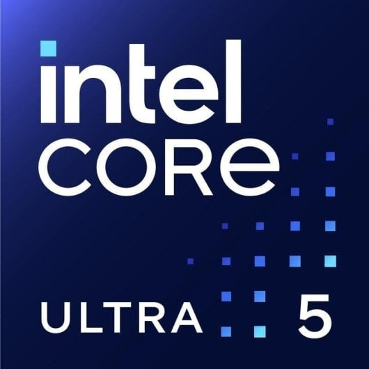 Logo Intel Core Ultra 5 sobre fondo azul oscuro con cuadrados azules.