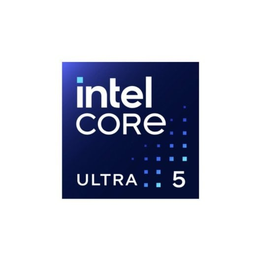 Logotipo Intel Core Ultra 5 sobre fondo azul oscuro con cuadrados azules.
