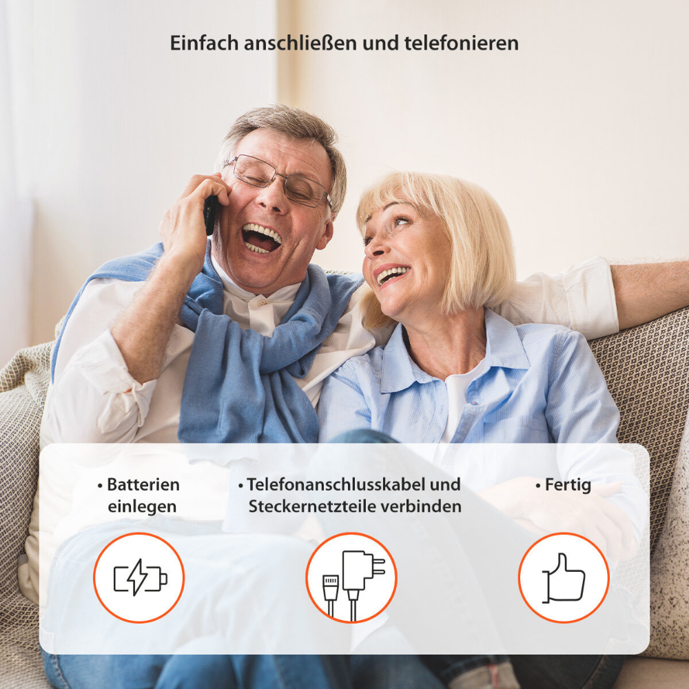 Elderly couple happily talking on phone, with instructions for setup: insert batteries, connect cables.