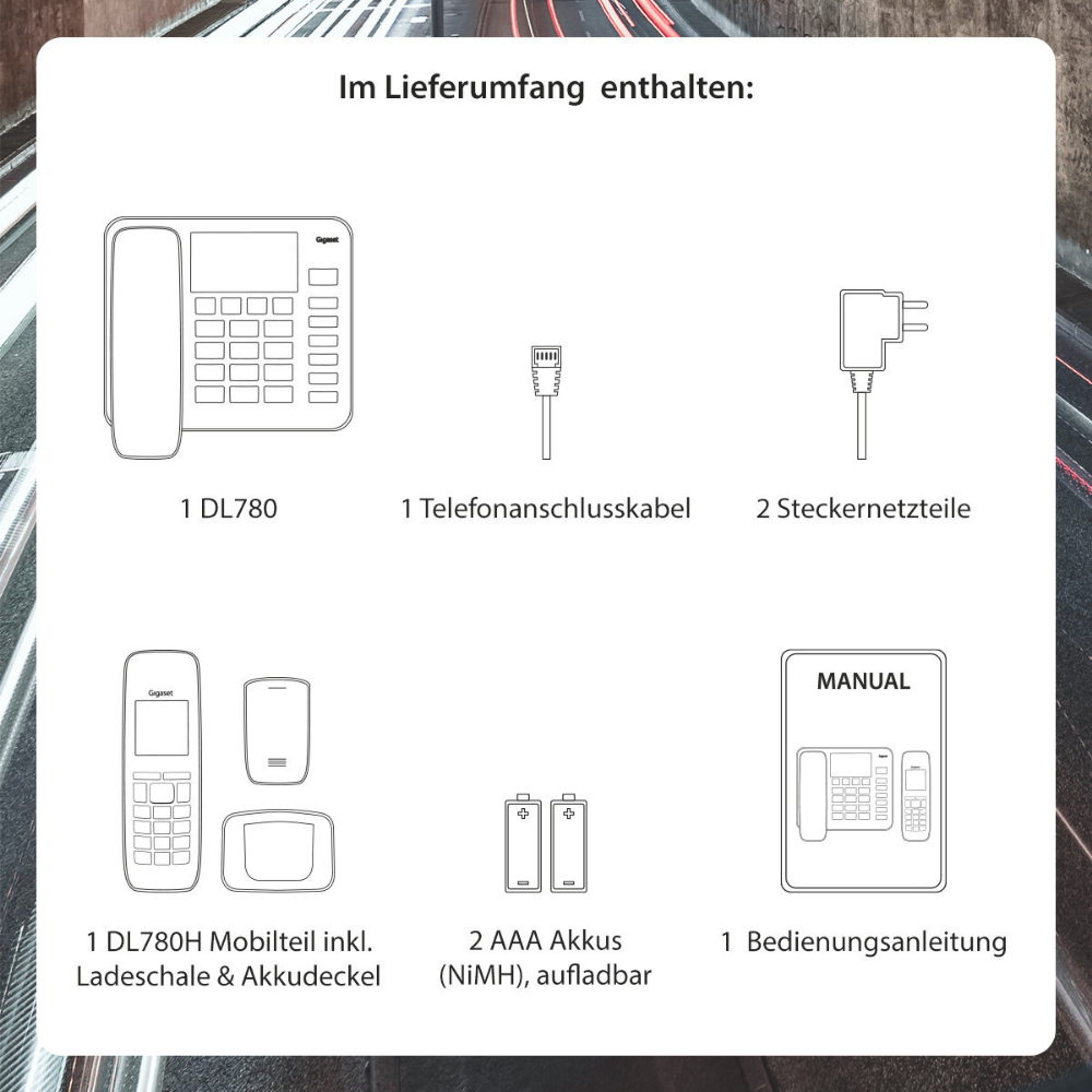 Illustrations of a phone, cable, power adapter, handset, batteries, and manual.