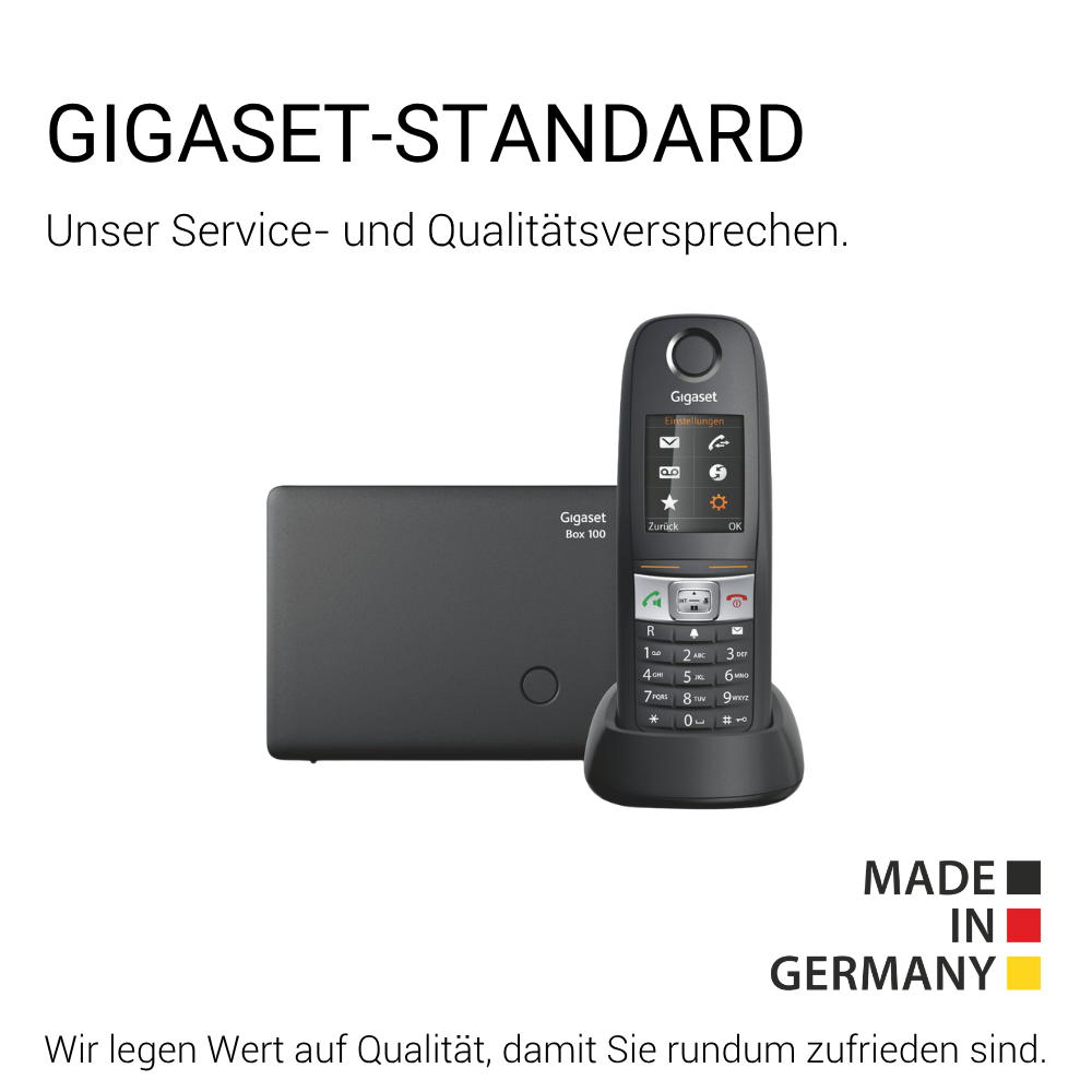 A Gigaset phone and base station on a white background, Made in Germany.