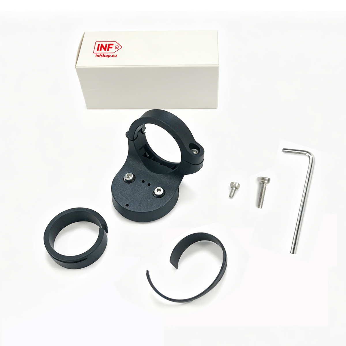 Black bike mount with screws and tool on a white background.
