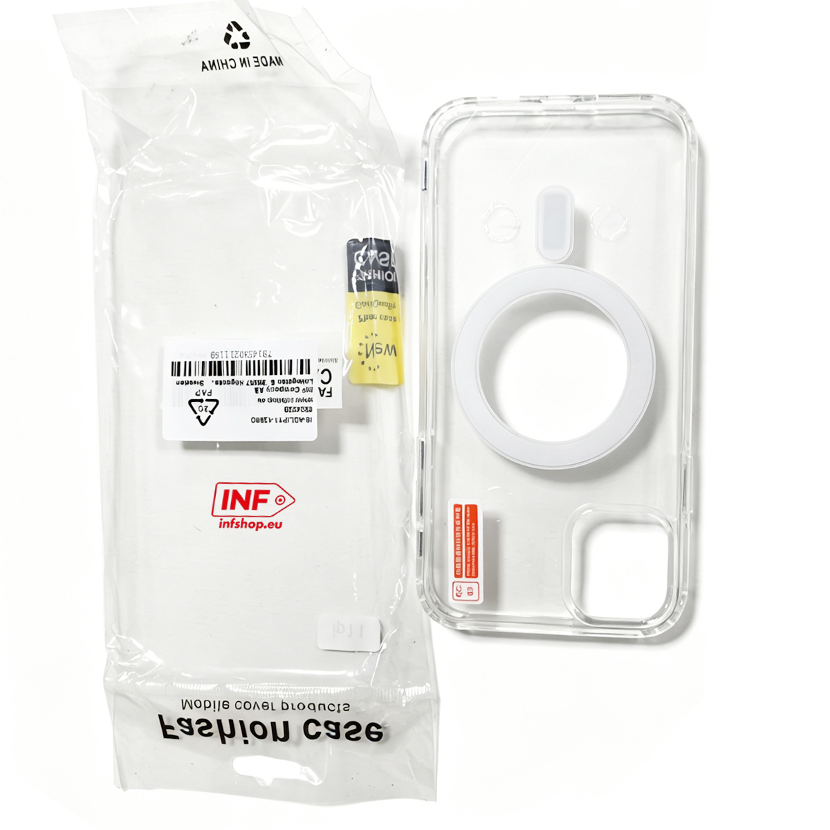 Klare Handyhülle mit Magnetring und Verpackung auf weißem Hintergrund.
