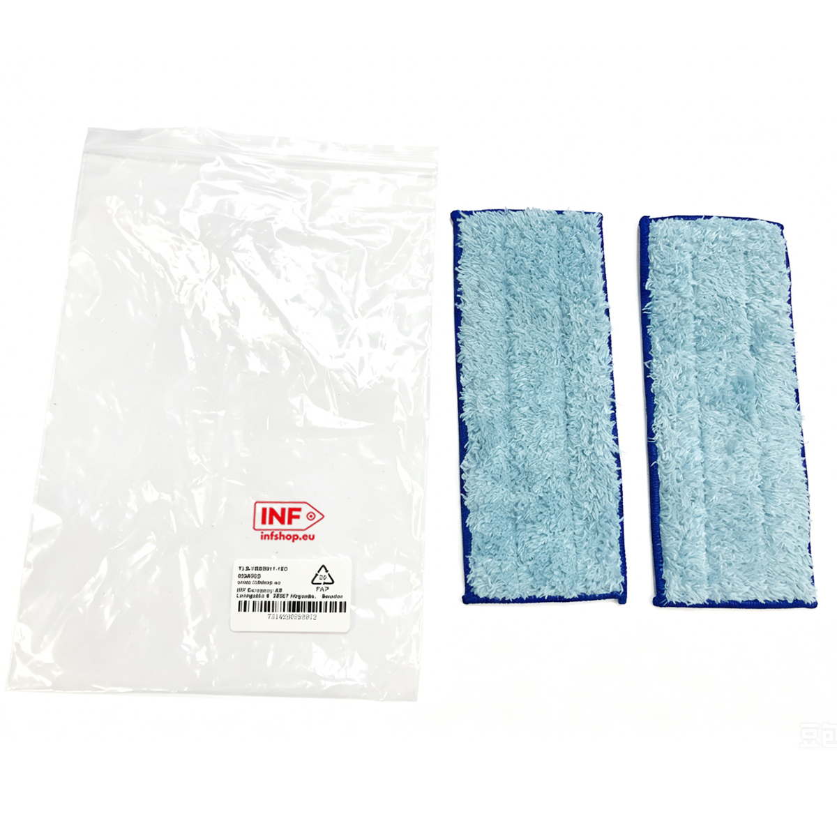 Zwei hellblaue Mopp-Aufsätze mit blauer Umrandung und einer Plastiktüte.