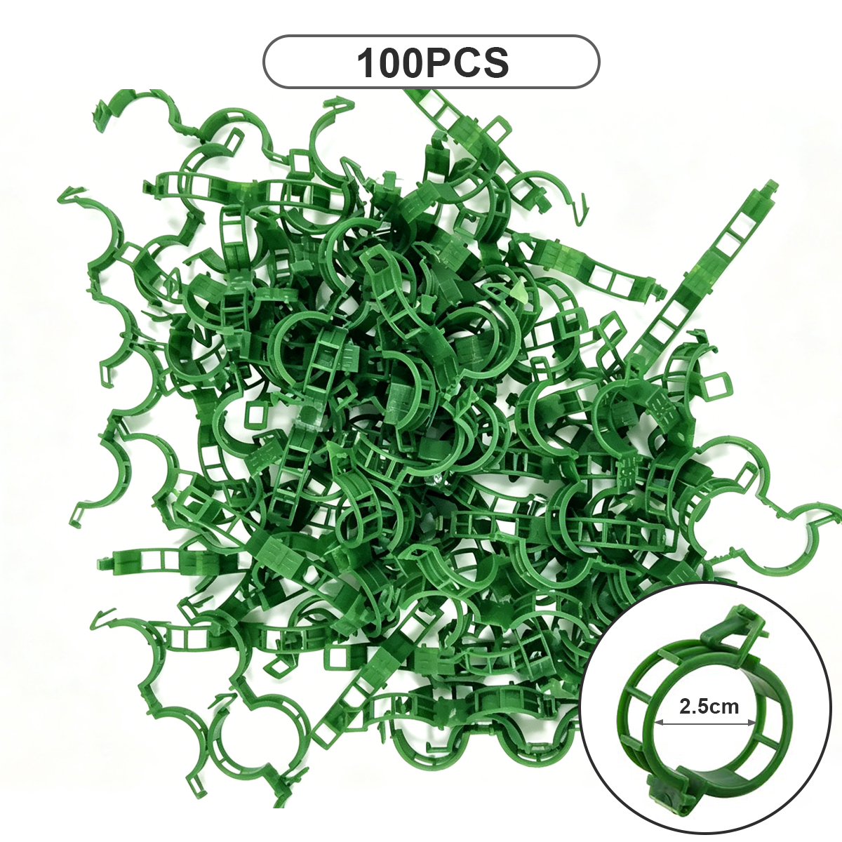 Ein Haufen grüner Pflanzenclips mit einem Detailbild eines Clips, der 2,5 cm misst.
