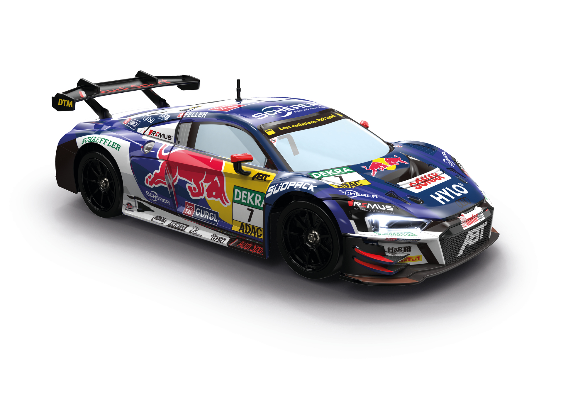Blauer und roter Audi Rennwagen mit DTM- und Red Bull-Logos, auf weißem Hintergrund.