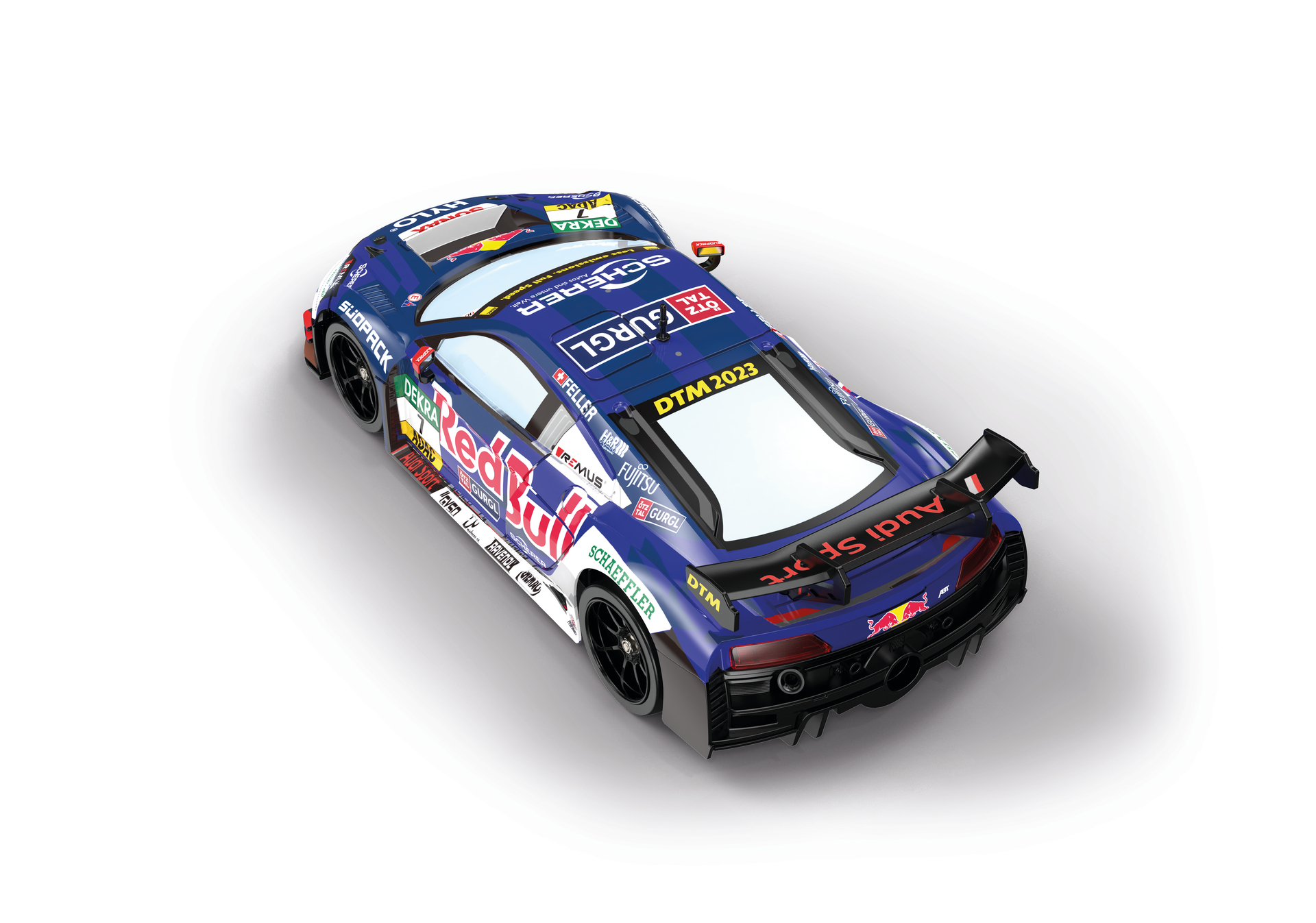Ein blauer Audi R8 DTM-Rennwagen mit Sponsorenaufklebern, von hinten gezeigt.