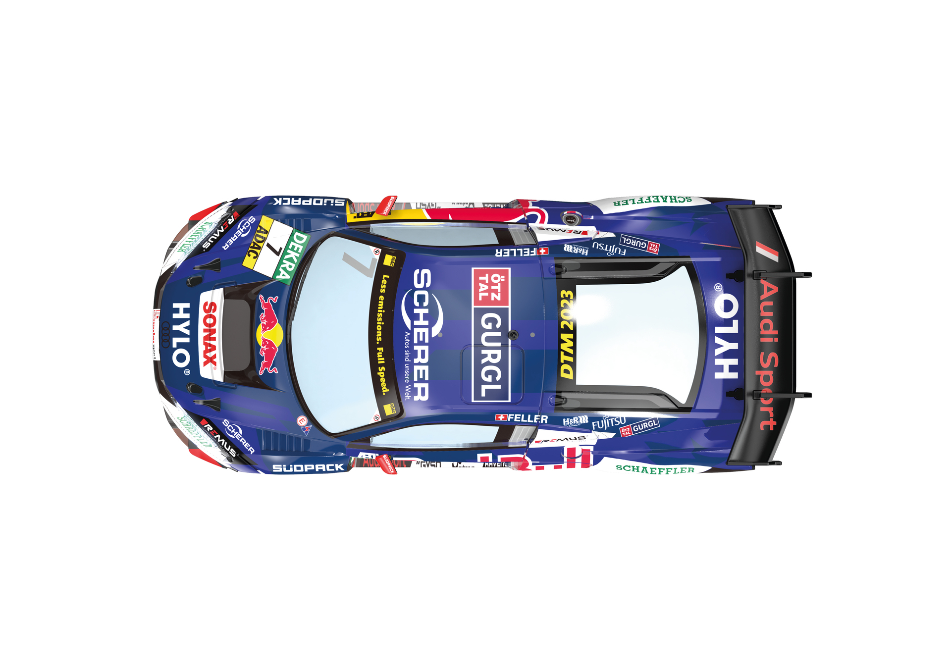 Blauer Rennwagen mit Logos von Audi Sport, Red Bull, Sonax, Dekra, ADAC, Scherer, Gürgl.