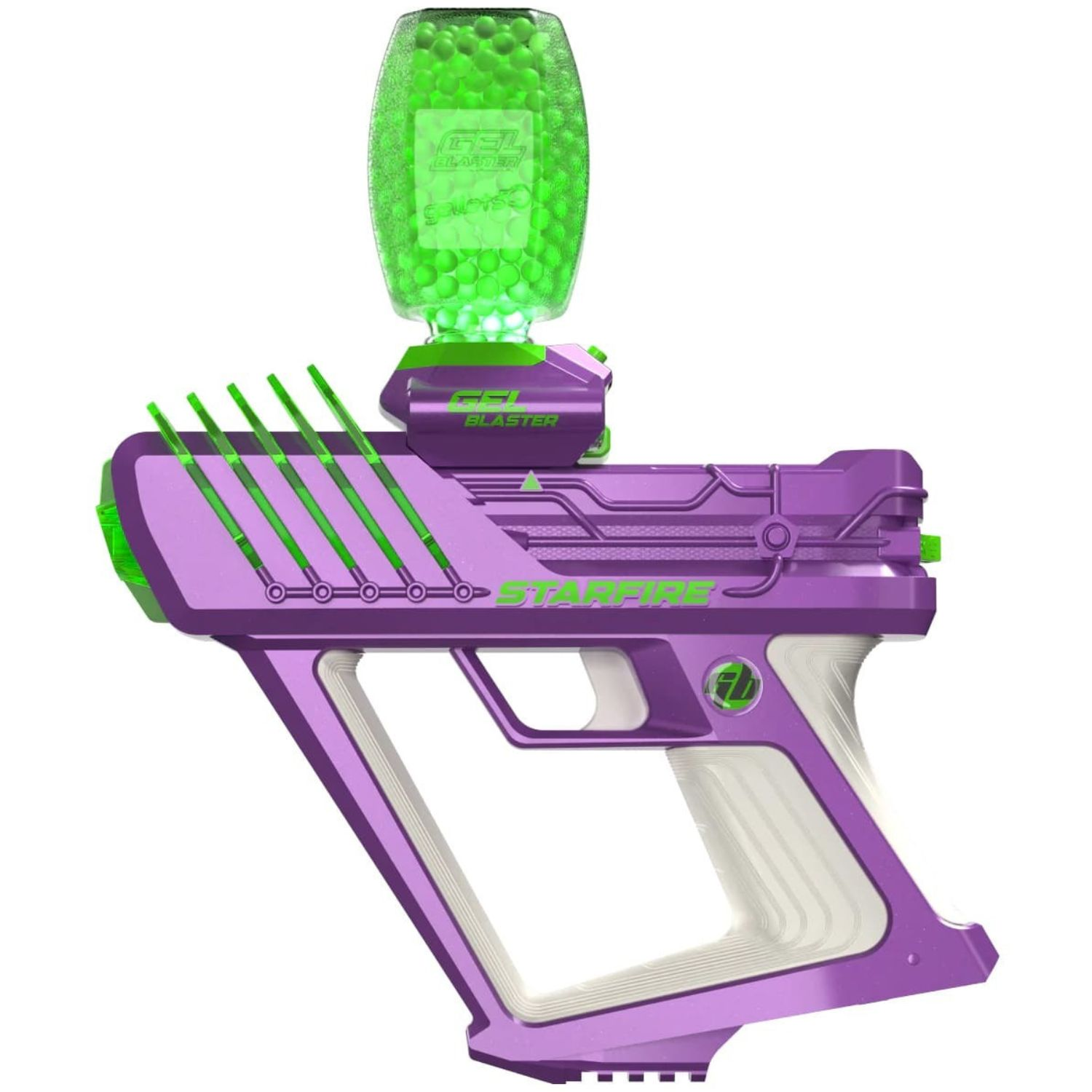 Lila Gel-Blaster mit grünem Magazin voller Kügelchen und grünen Akzenten.