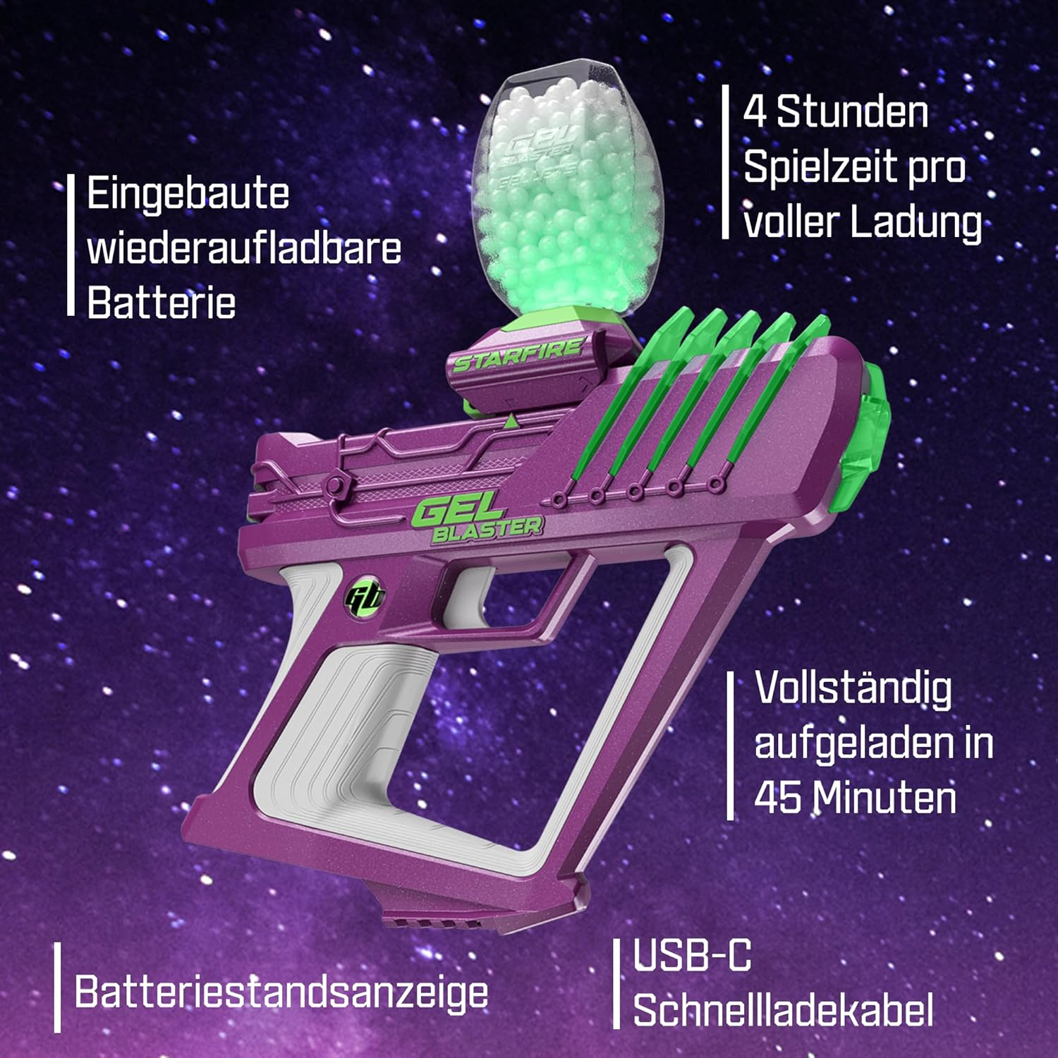 Lila und grüne Gel-Blaster-Pistole mit Munitionsbehälter und Textangaben.