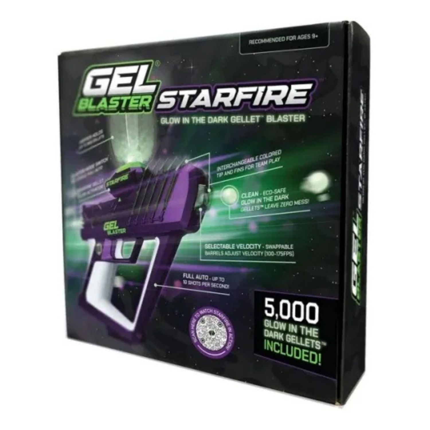Verpackung für eine lila-weiße Gel Blaster Starfire Spielzeugpistole, ab 9 Jahren.