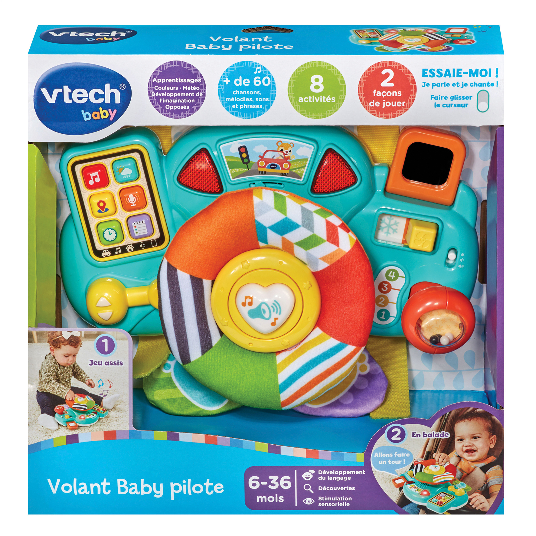 Un volante Vtech Baby colorato con pulsanti, luci e un'illustrazione per bambini.