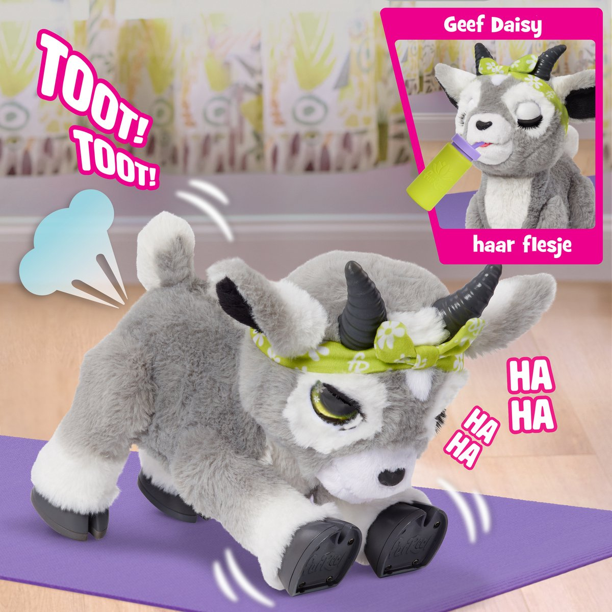 Cabra de peluche en esterilla de yoga riendo, con imagen insertada de cabra bebiendo.