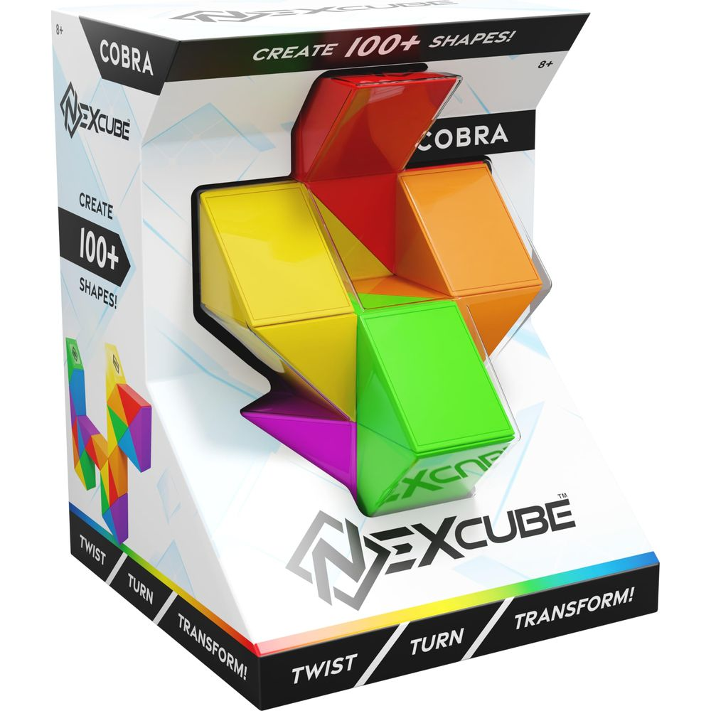 Verpackung des NexCube Cobra mit bunten, drehbaren Segmenten und der Aufschrift 'CREATE 100+ SHAPES!'