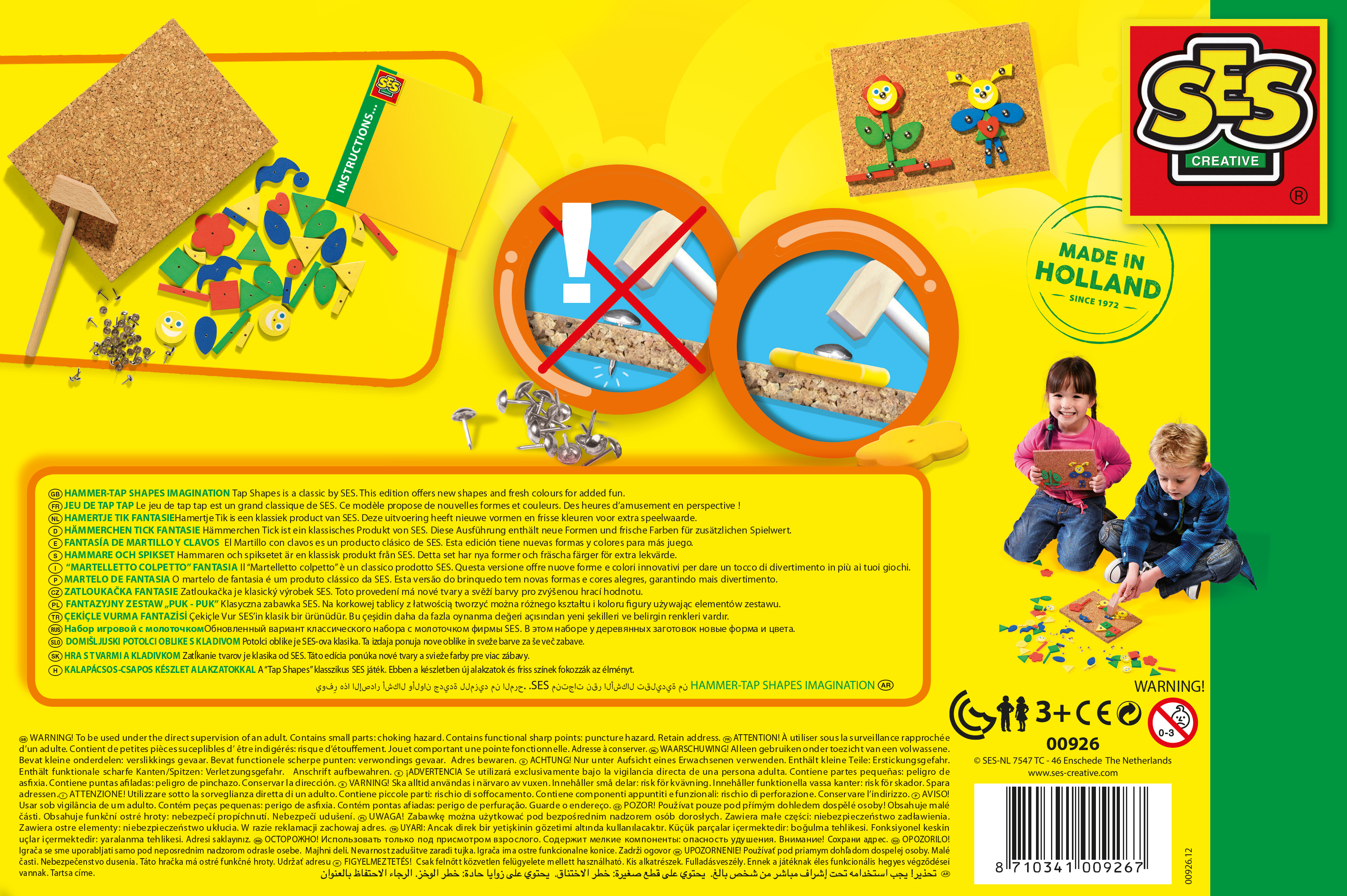 Buntes Spielzeugset mit Hammer, Nägeln, Formen und Korkplatte zum Kreativsein.