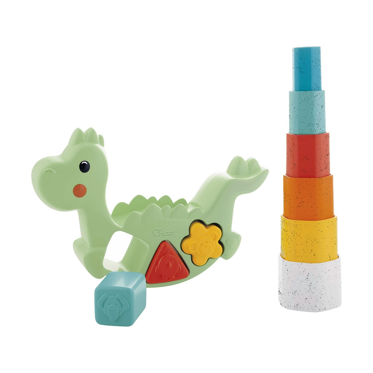 Ein hellgrüner Dino-Spielzeug mit bunten Stapelbechern daneben.