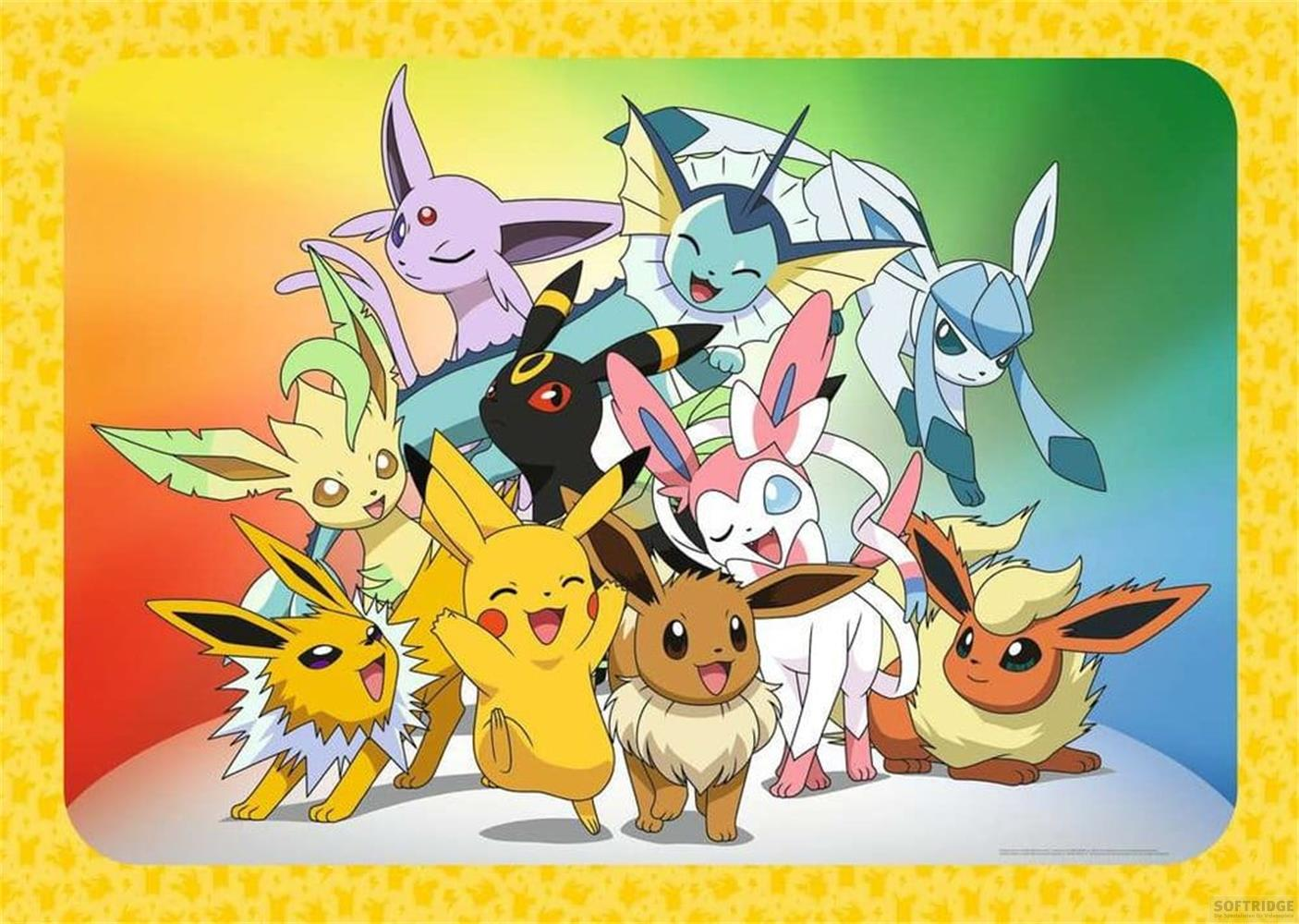 Un gruppo di Pokémon, tra cui Pikachu, Eevee e le sue evoluzioni, posano felici.