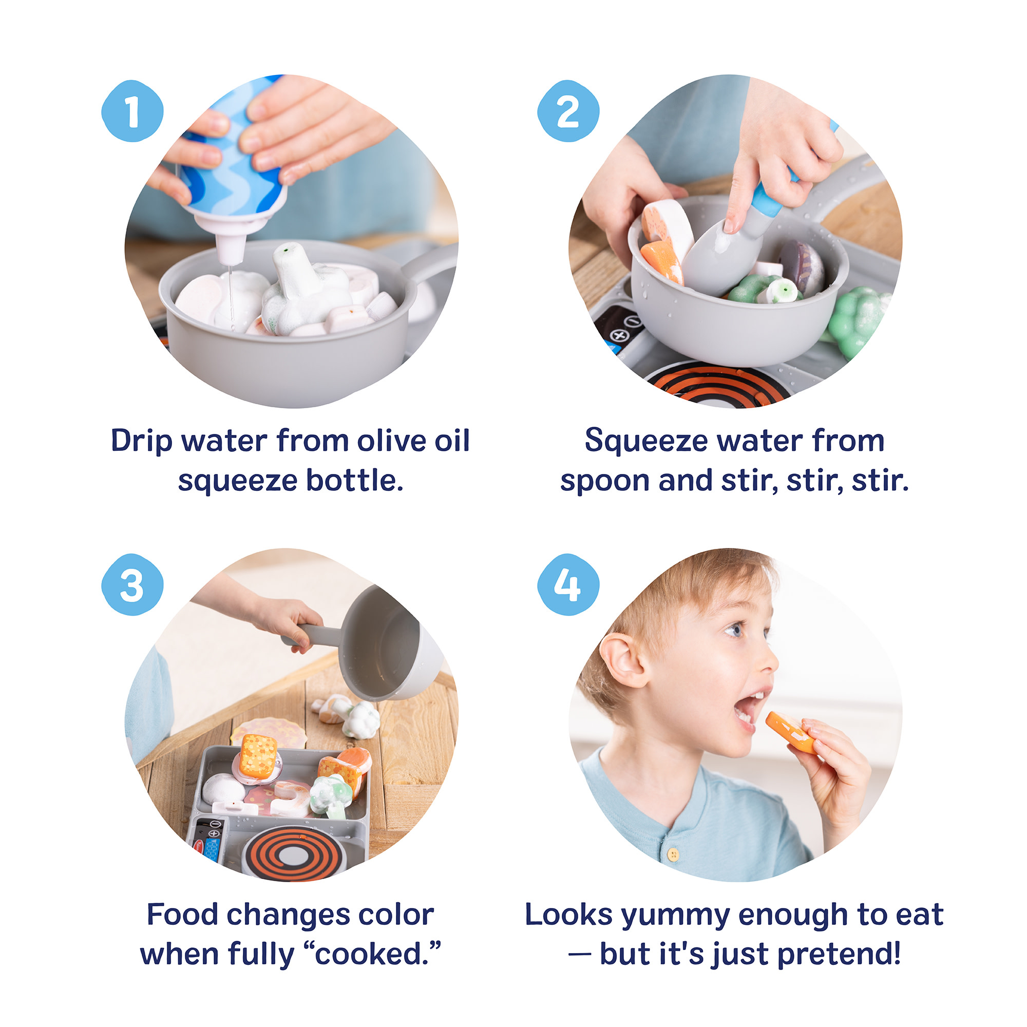 Instrucciones paso a paso para jugar con utensilios de cocina de juguete.