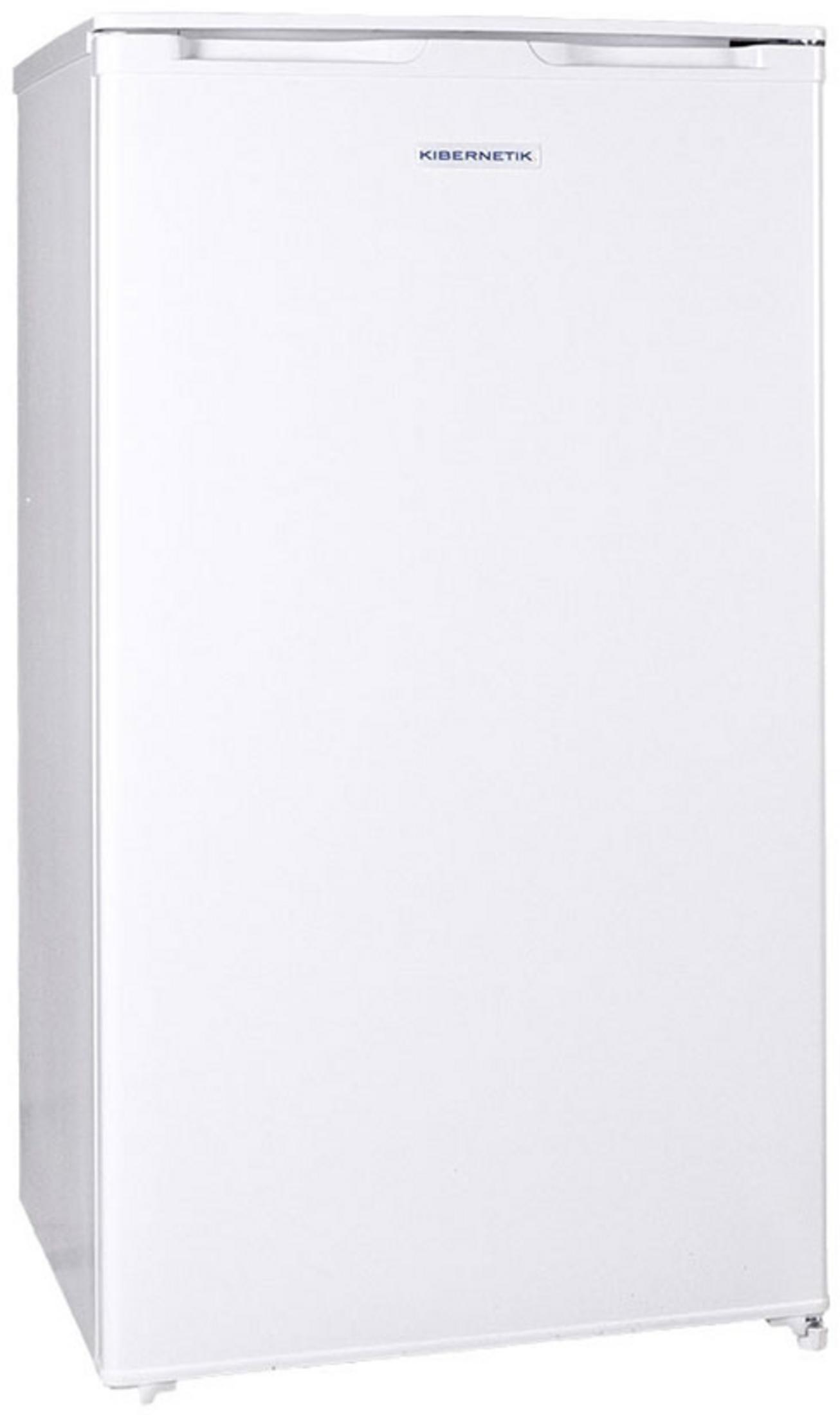 Un réfrigérateur blanc vertical avec une poignée argentée et un nom de marque bleu.