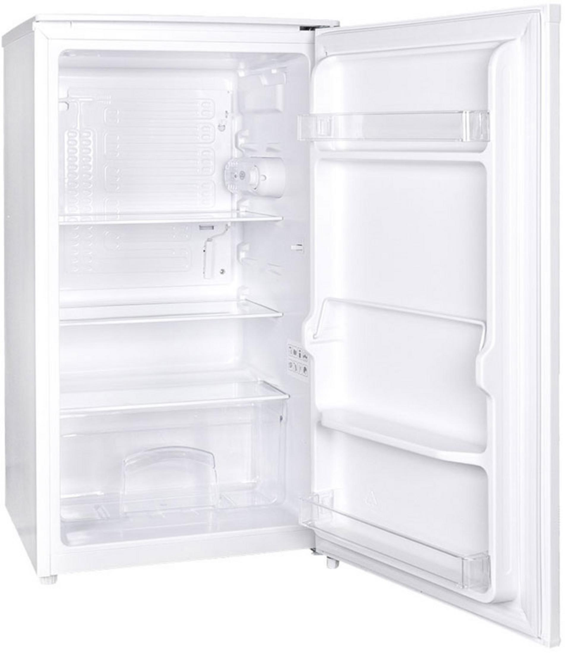 Un réfrigérateur blanc et vide, porte ouverte, montrant des étagères.