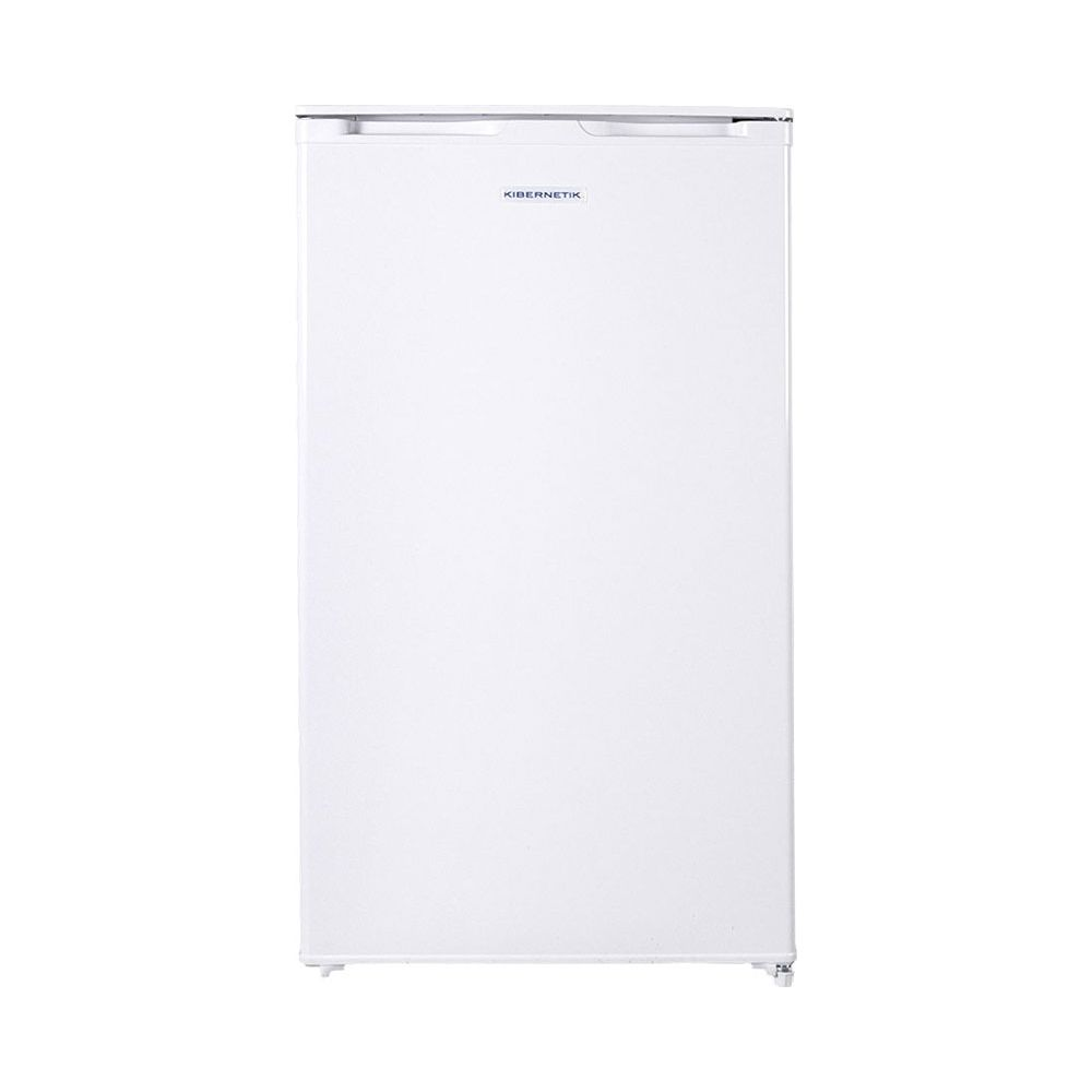 Un réfrigérateur blanc vertical avec le logo Kibernetik sur la porte supérieure.