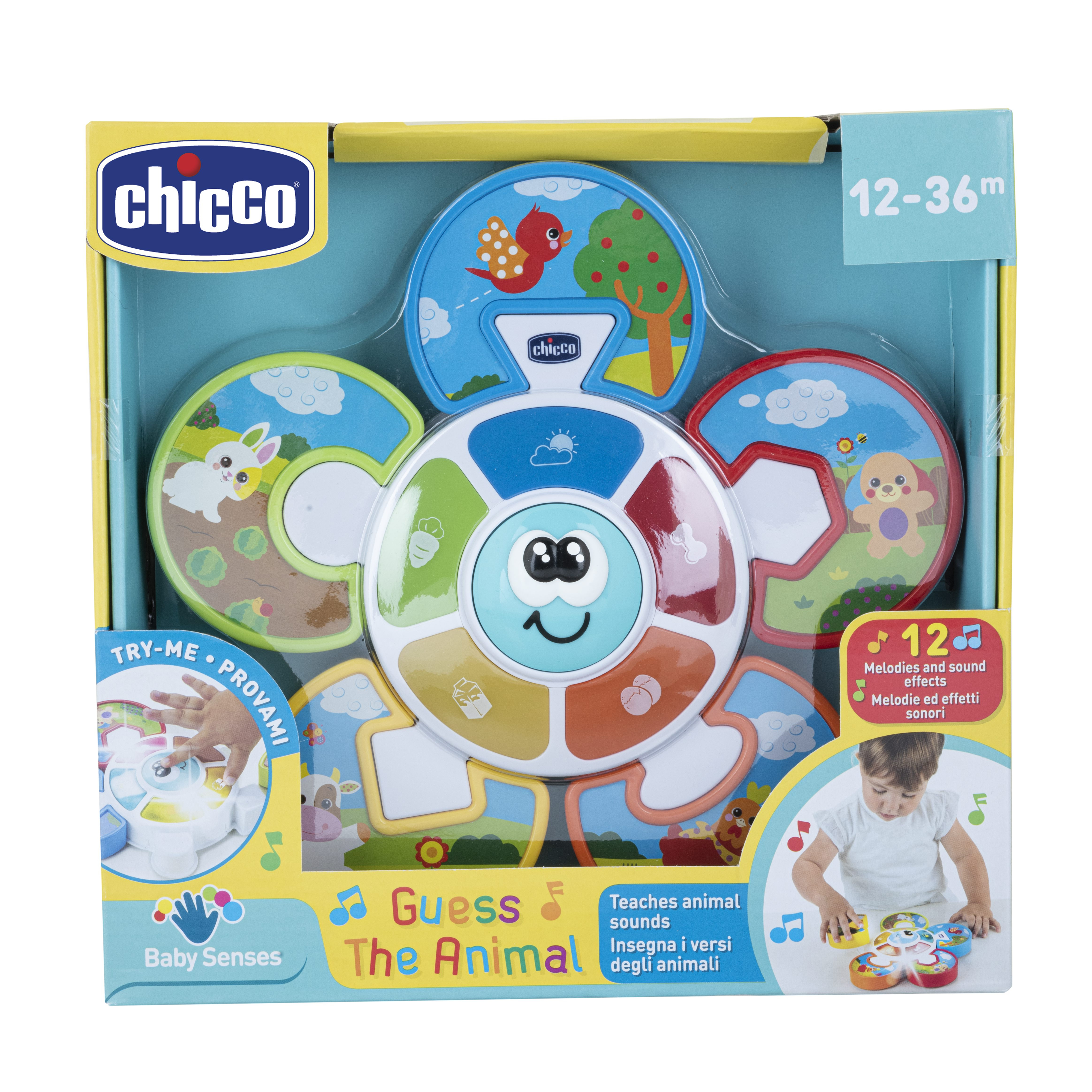 Caja de juguetes Chicco Baby Senses con animales y melodías.