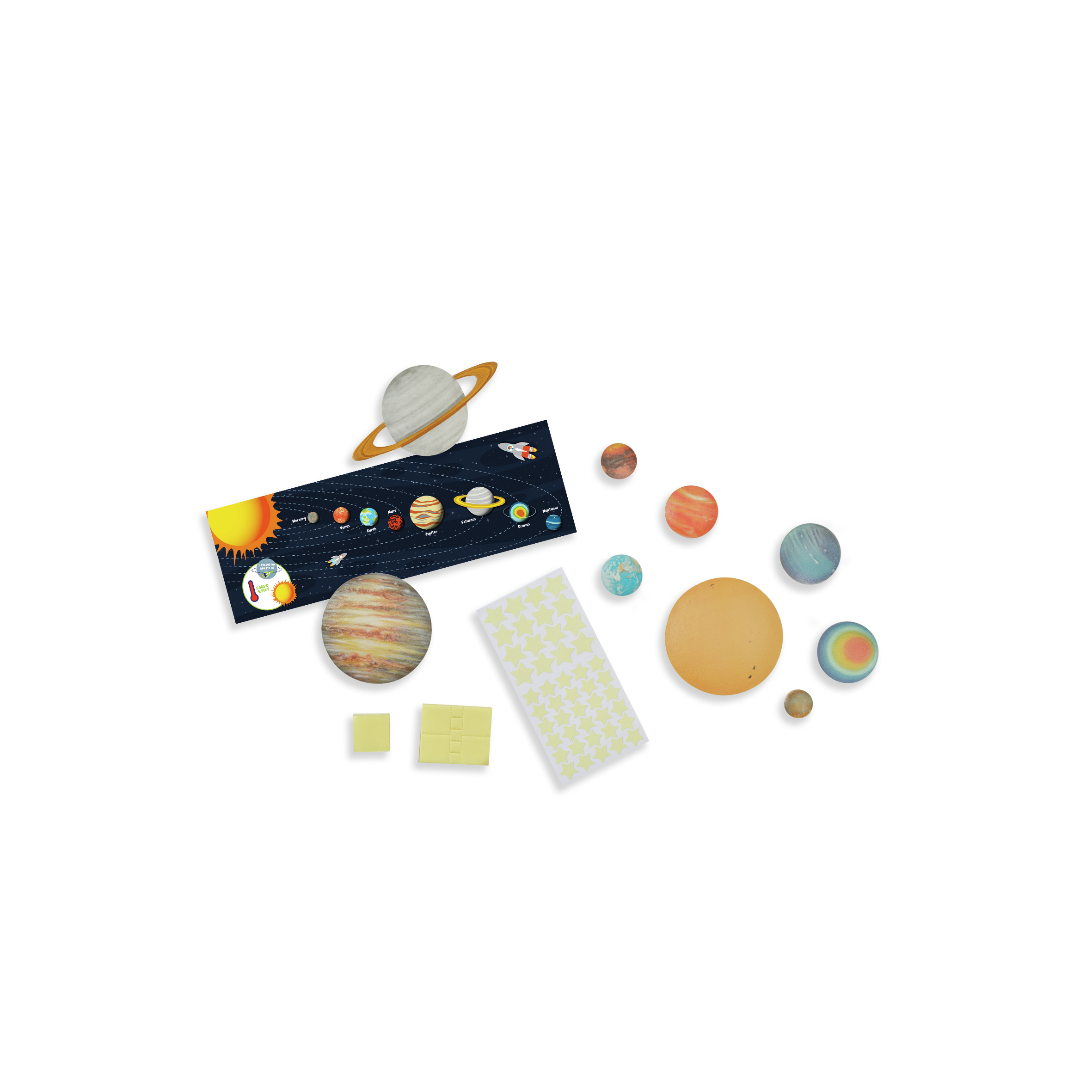 Sonnensystem-Modell mit Planeten, Sonne und Sternaufklebern auf weißem Hintergrund.