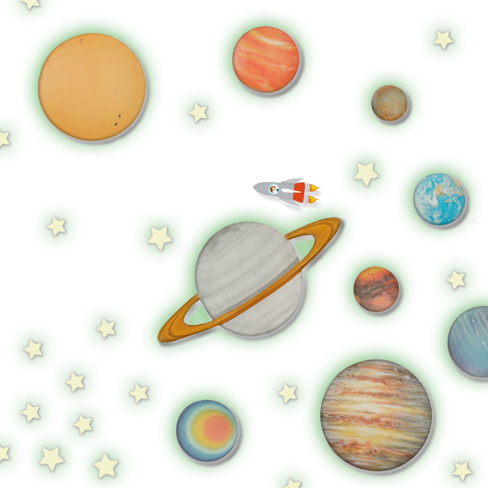 Ein Cartoon-Raketenschiff fliegt an Planeten und leuchtenden Sternen auf weißem Hintergrund vorbei.